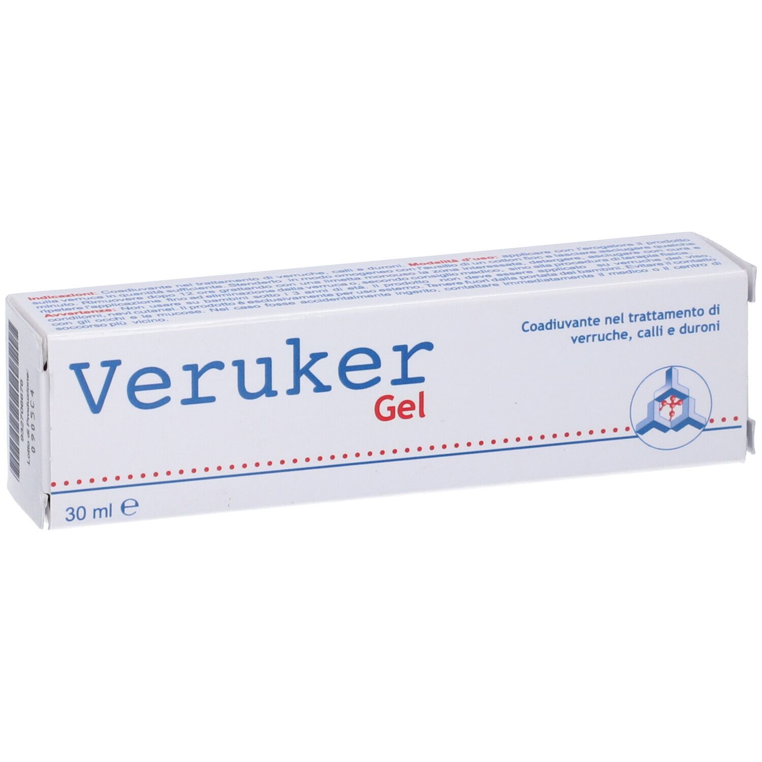 Scatola di Veruker Gel. Scritto: 30 ml. Testo in italiano.