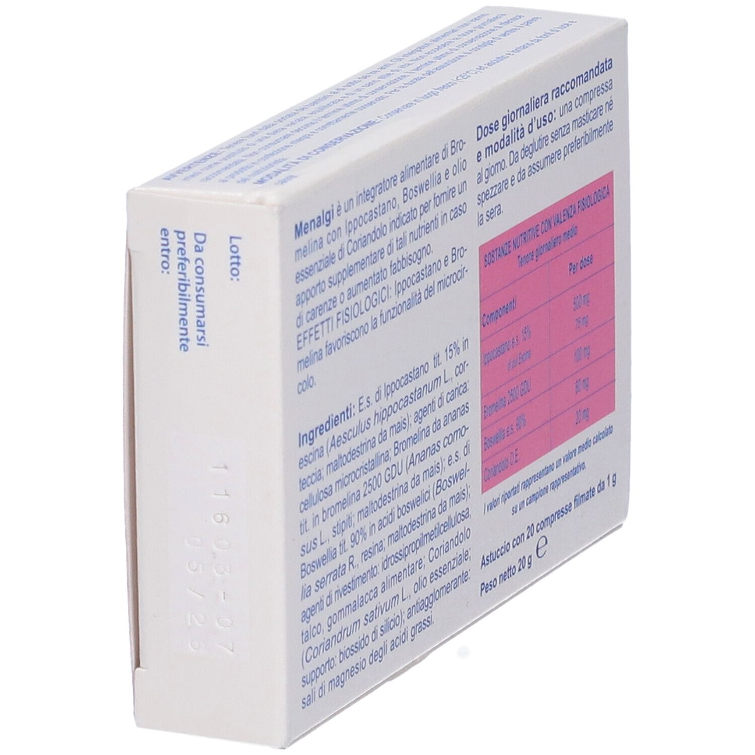 Retro della scatola Menalgi. Contiene informazioni sugli ingredienti e il dosaggio. Tabella rosa.