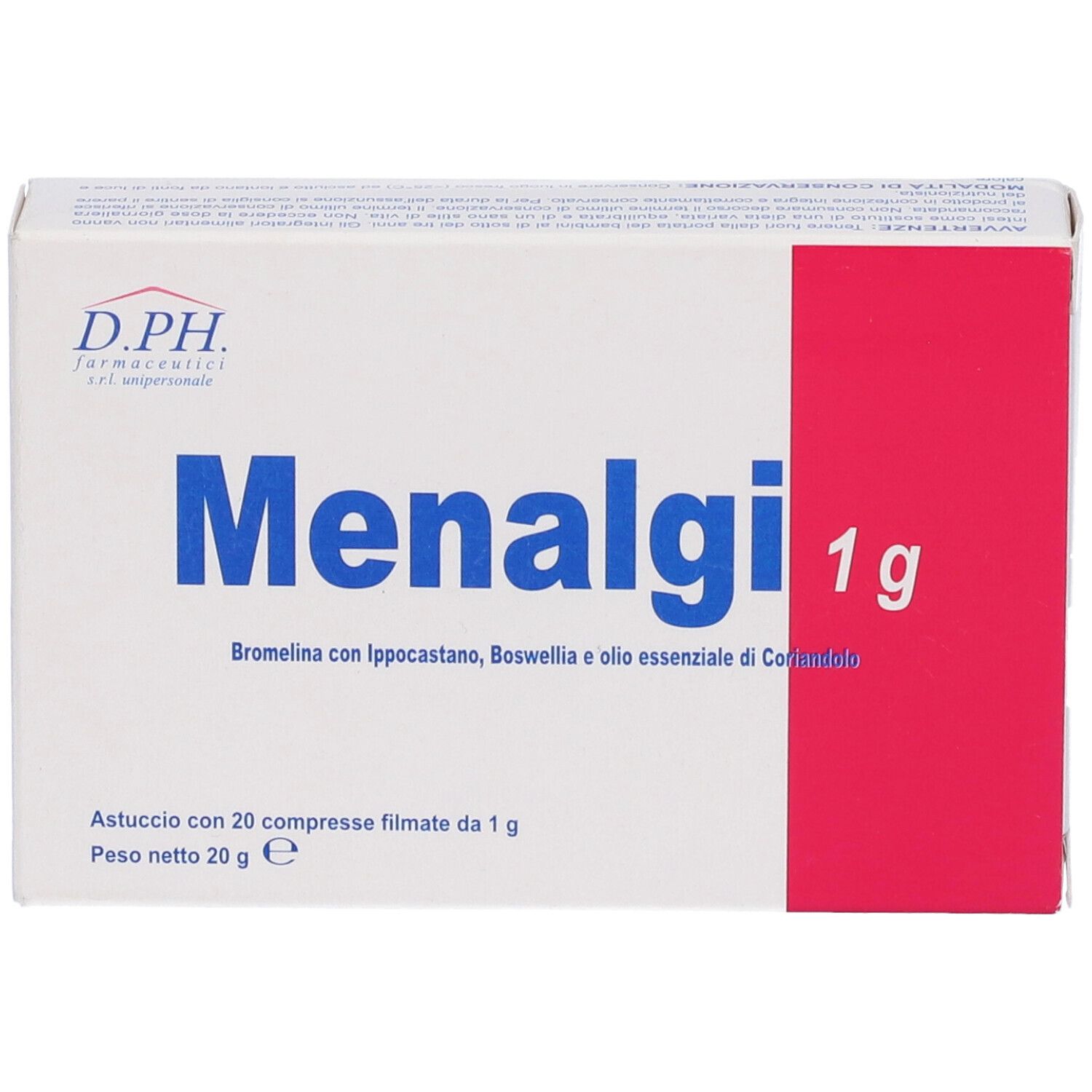 Scatola bianca con striscia rossa. Scritto: Menalgi 1g. Contiene 20 compresse. D.P.H. Farmaceutici.