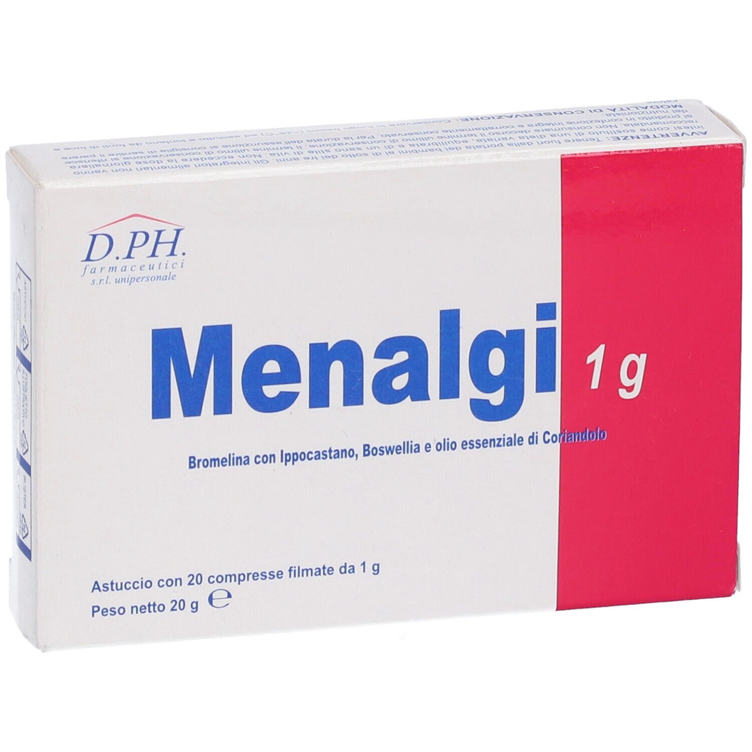 Scatola bianca con striscia rossa. Scritto: Menalgi 1g. Contiene 20 compresse. D.P.H. Farmaceutici.