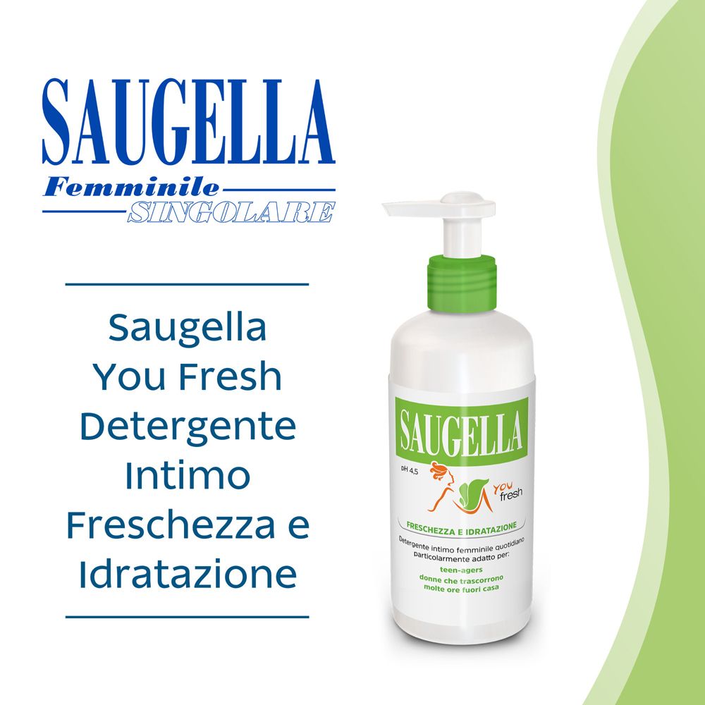 Logo Saugella e flacone con tappo verde. Testo: Saugella You Fresh, Detergente, Freschezza e idratazione.