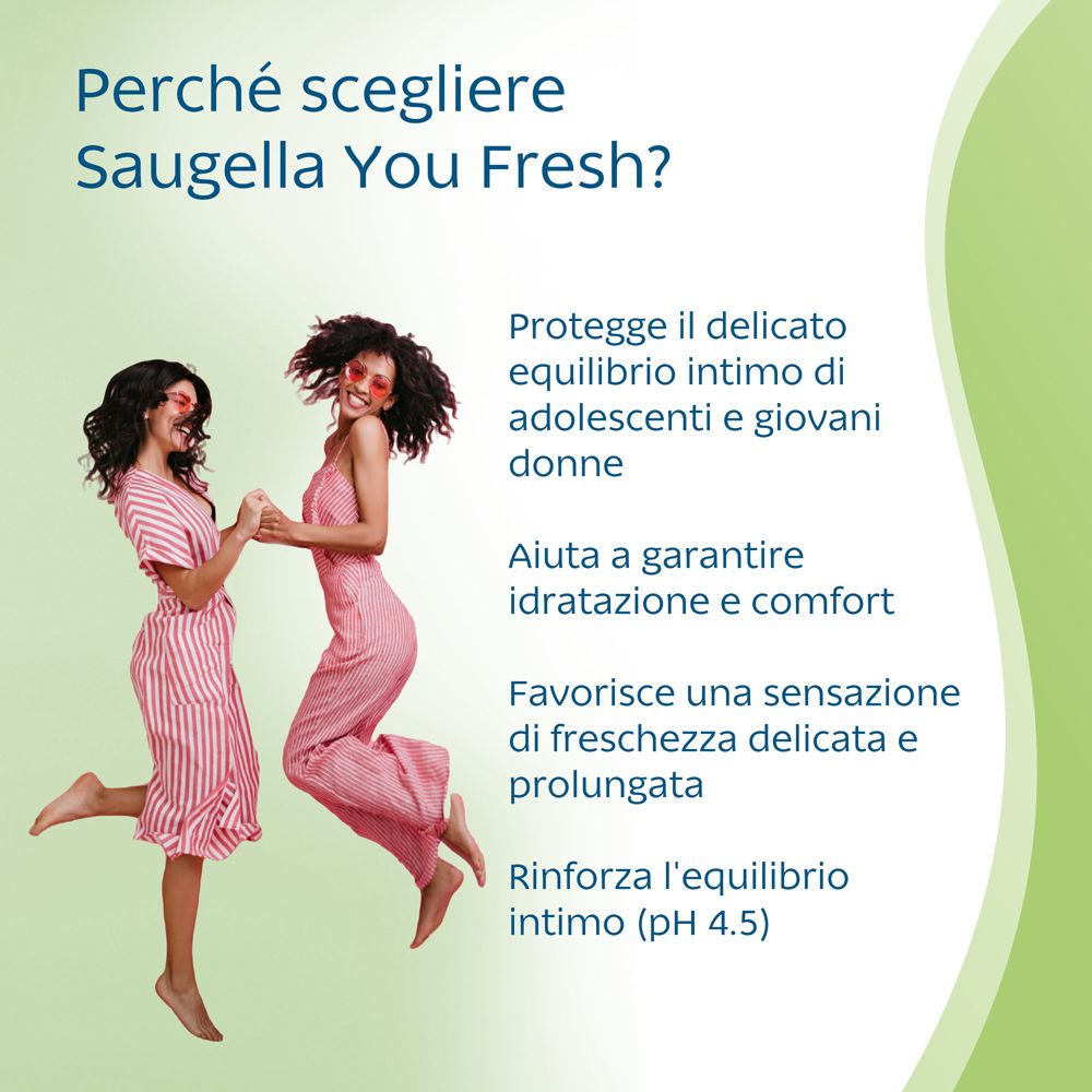 Due donne. Testo: Perché scegliere Saugella You Fresh? Protegge l'equilibrio intimo, idrata.