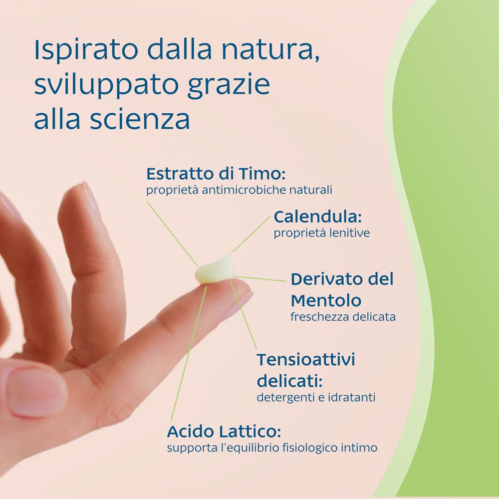 Mano con ingredienti. Testo: Ispirato dalla natura, sviluppato grazie alla scienza. Ingredienti.