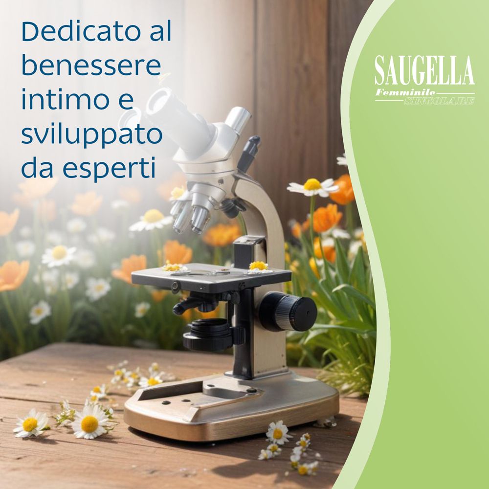Microscopio con fiori. Testo: Dedicato al benessere intimo e sviluppato da esperti. Logo Saugella.