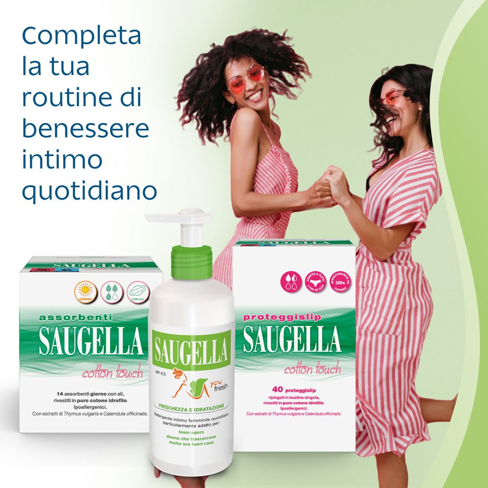 Due donne con prodotti. Testo: Completa la tua routine di benessere intimo quotidiano. Prodotti.