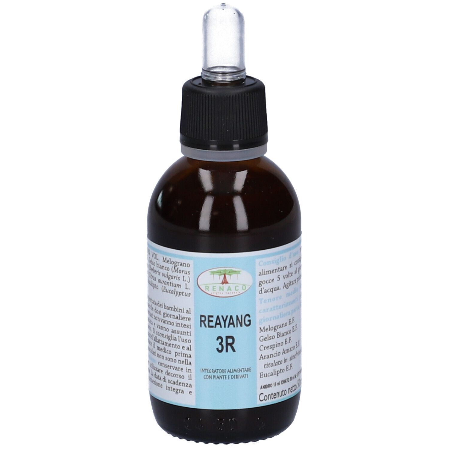 Flacone di vetro marrone con contagocce. Scritta: Reayang 3R. Etichetta con ingredienti e informazioni. Tappo nero.