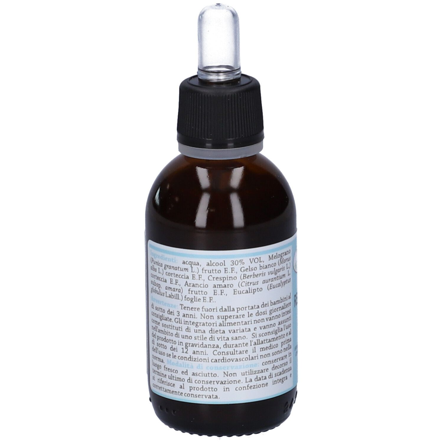 Flacone di vetro marrone con contagocce. Etichetta con ingredienti e informazioni. Tappo nero. Retro con testo.