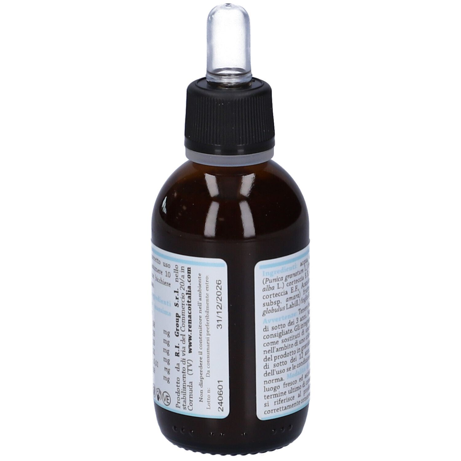 Flacone di vetro marrone con contagocce. Etichetta con ingredienti e informazioni. Tappo nero. Retro con testo.