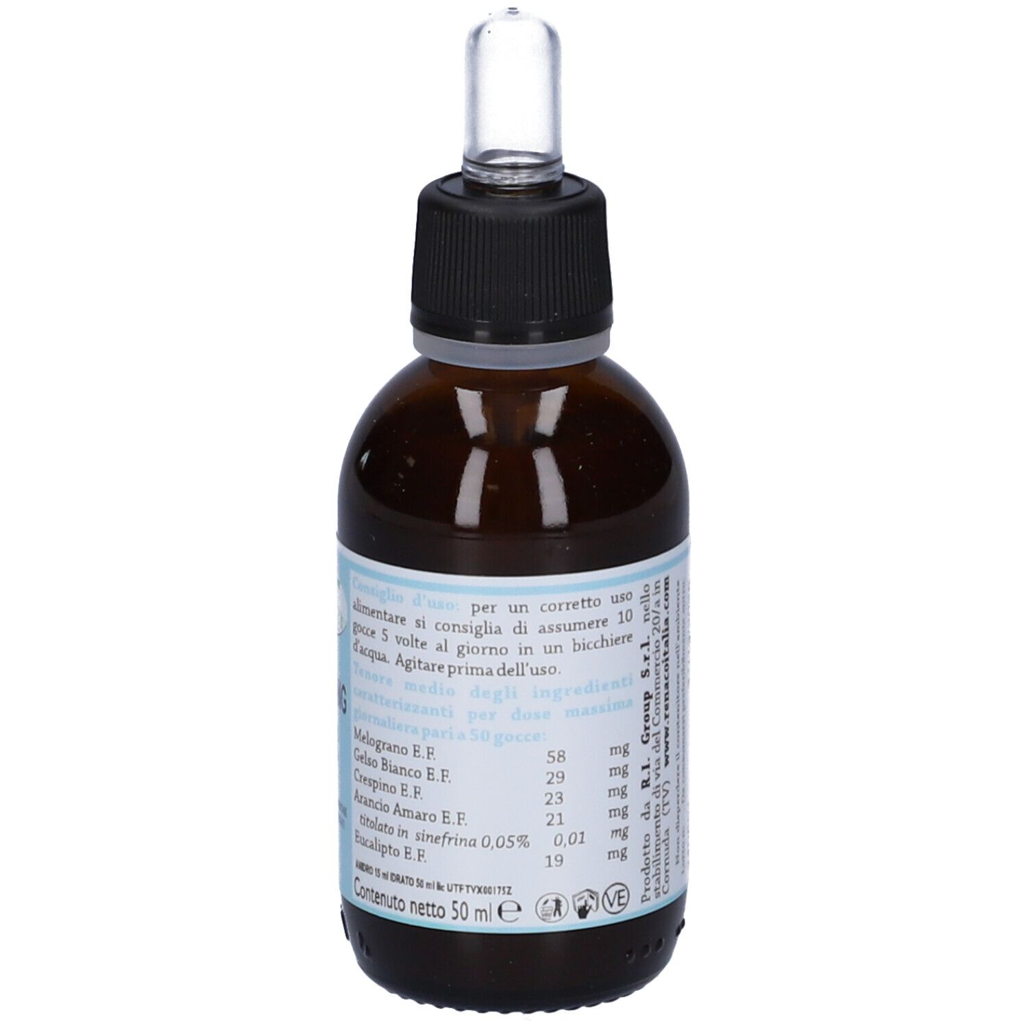 Flacone di vetro marrone con contagocce. Etichetta con ingredienti e informazioni. Tappo nero. Retro con testo.