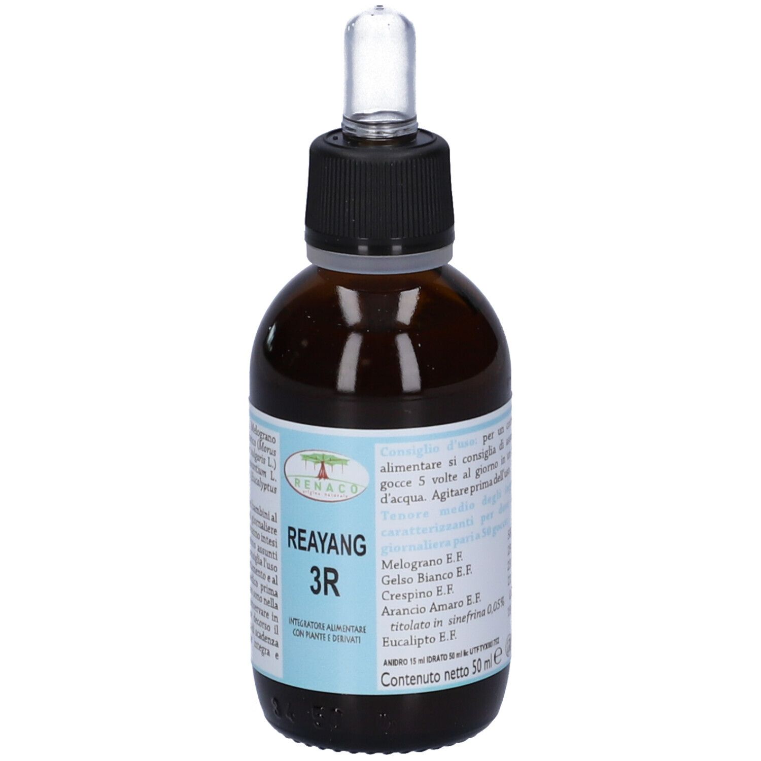 Flacone di vetro marrone con contagocce. Etichetta con ingredienti e informazioni. Tappo nero. Retro con testo.