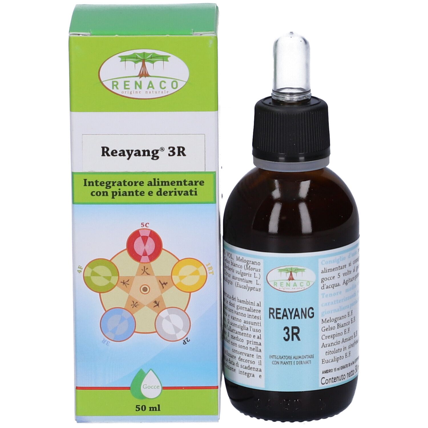Flacone di vetro marrone con contagocce e confezione. Scritta: Reayang 3R, 50 ml. Confezione verde e bianca con nome e logo.