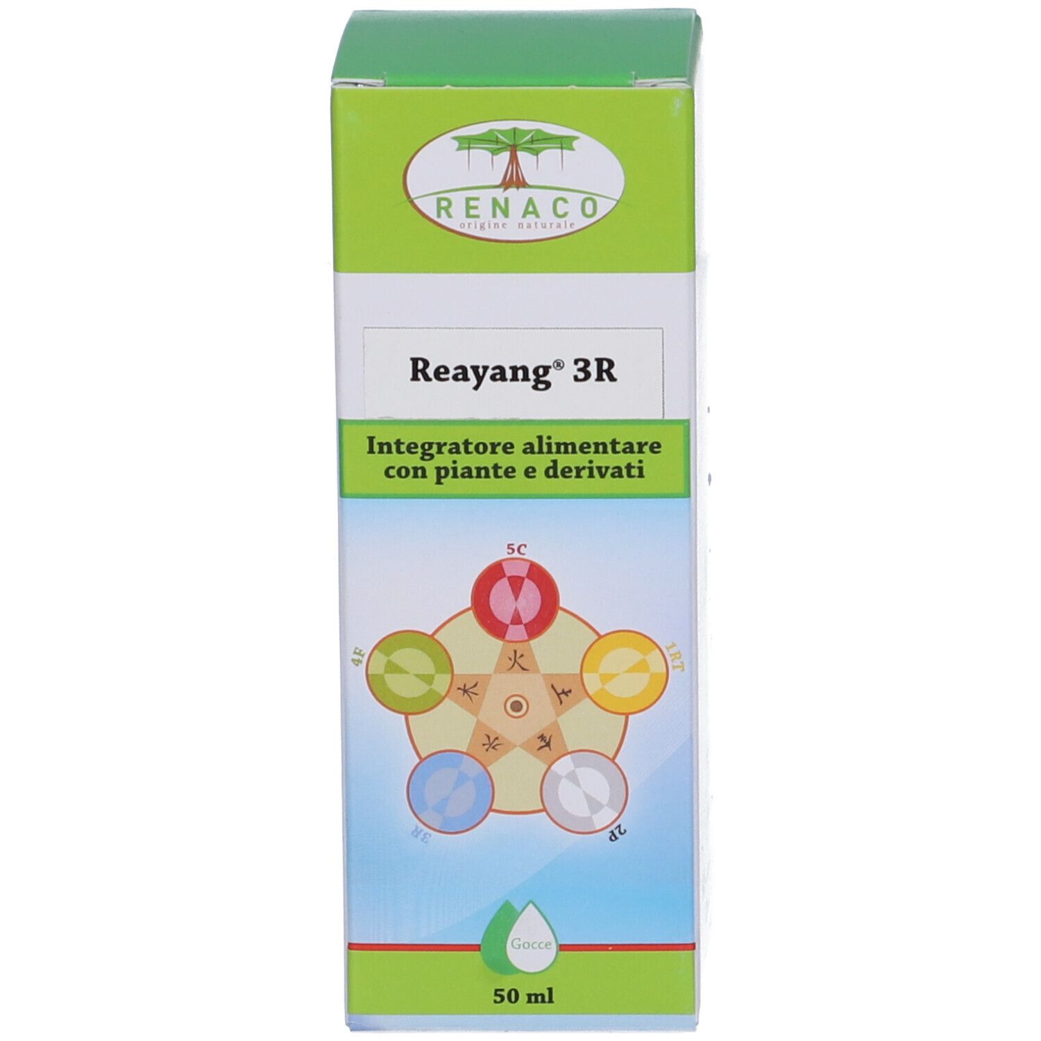 Confezione verde e bianca con nome e logo. Scritta: Reayang 3R. 50 ml. Illustrazione con simboli.