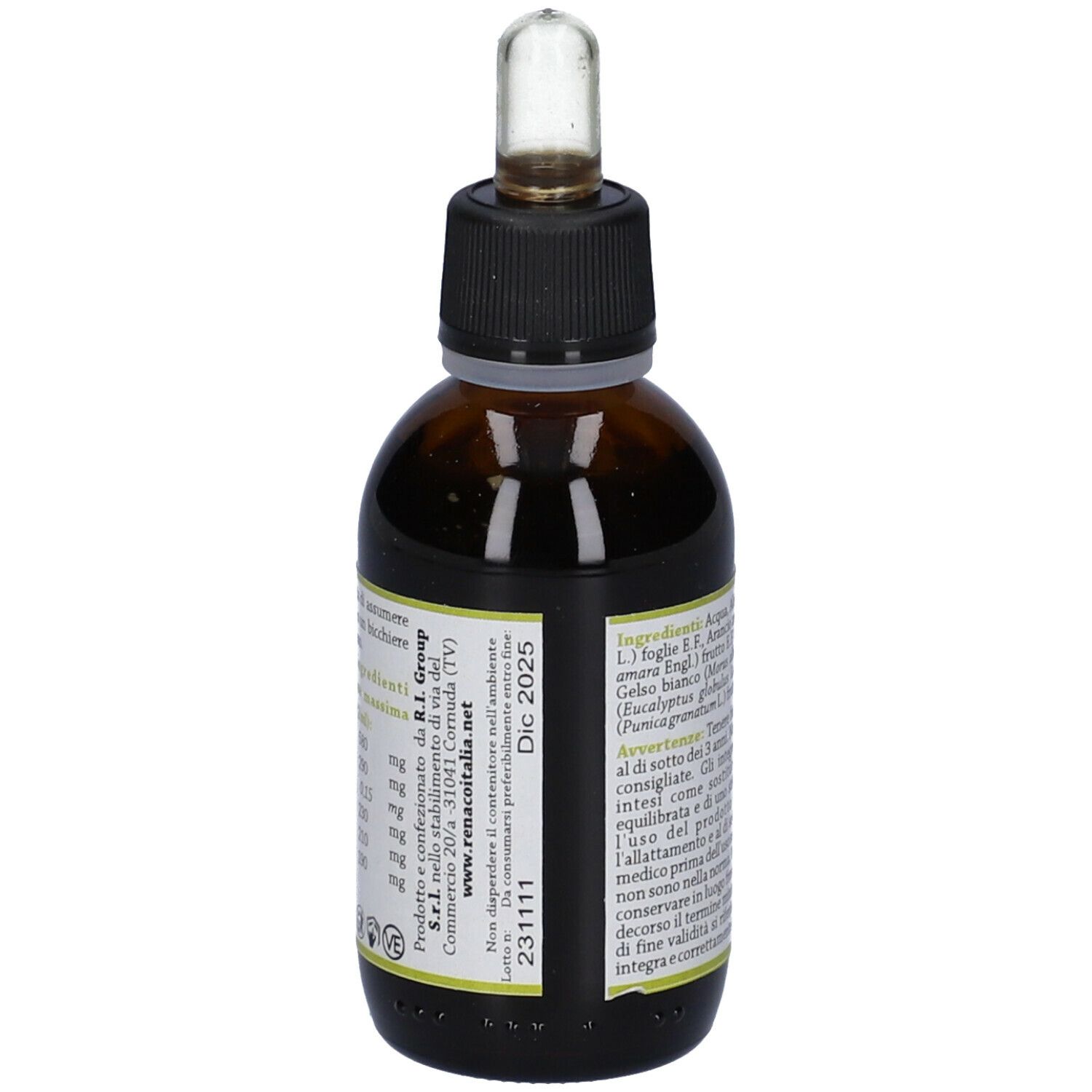 Flacone di vetro marrone con contagocce. Scritta: Reayang 4F. Etichetta con ingredienti e avvertenze.