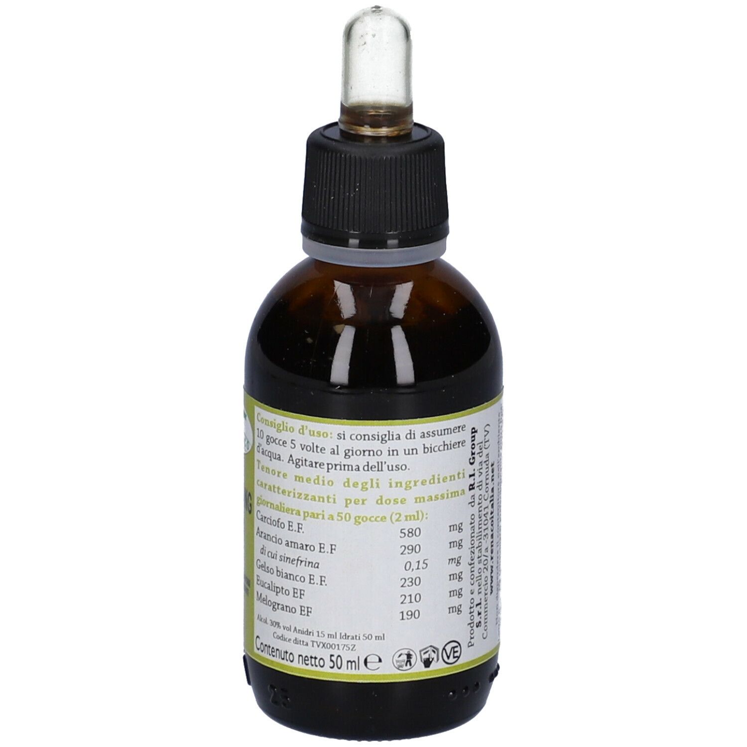 Flacone di vetro marrone con contagocce. Scritta: Reayang 4F. Etichetta con ingredienti e avvertenze.
