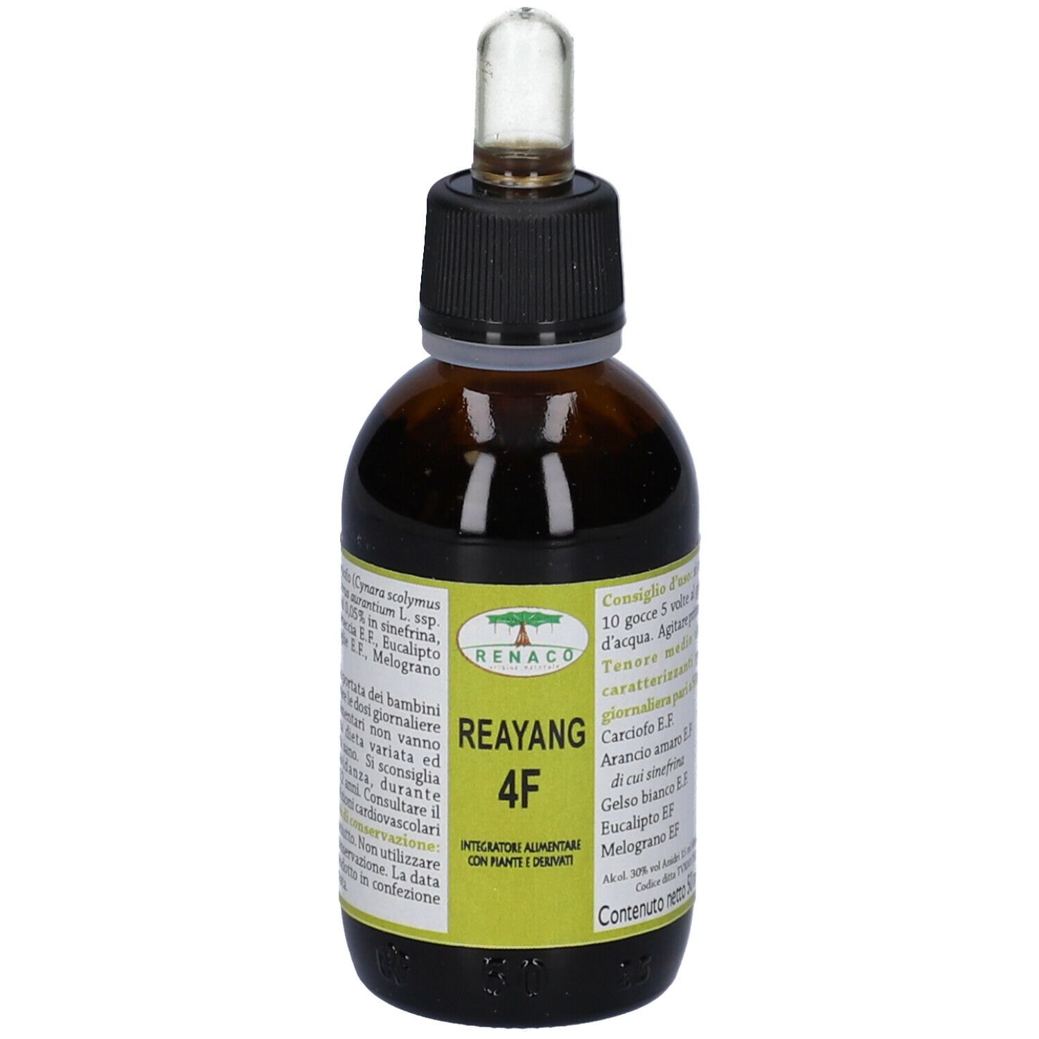 Flacone di vetro marrone con contagocce. Scritta: Reayang 4F. Etichetta con ingredienti e avvertenze.