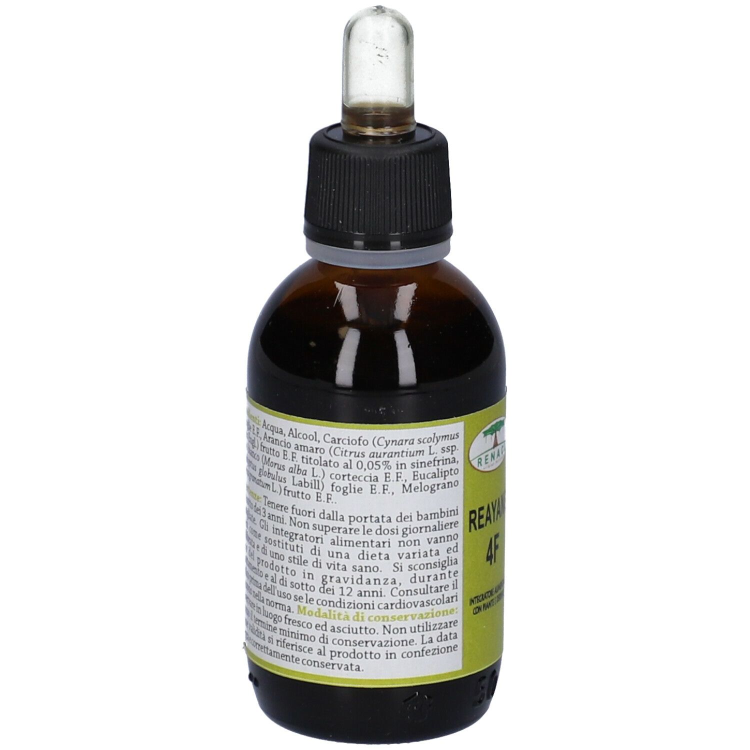 Flacone di vetro marrone con contagocce. Scritta: Reayang 4F. Etichetta con ingredienti e avvertenze.