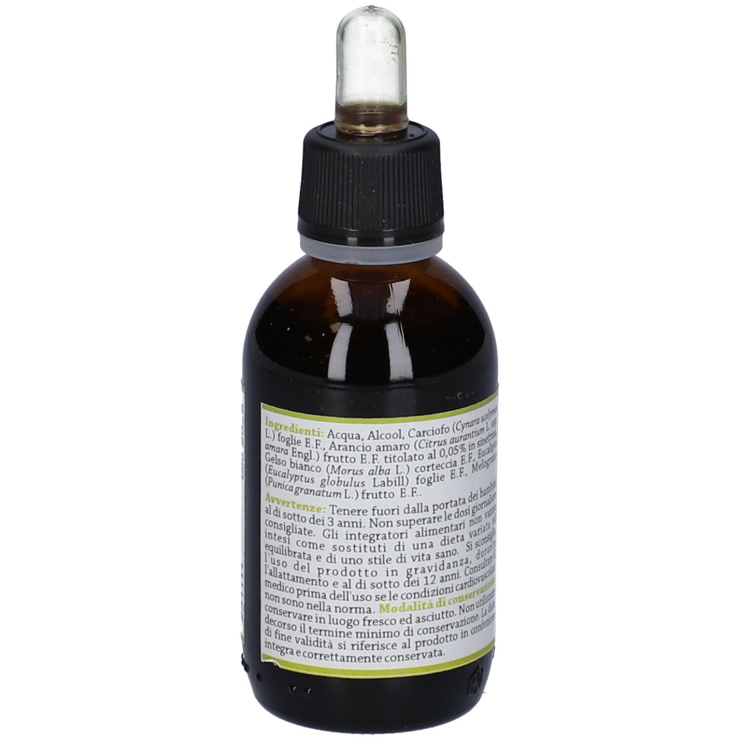 Flacone di vetro marrone con contagocce. Scritta: Reayang 4F. Etichetta con ingredienti e avvertenze.