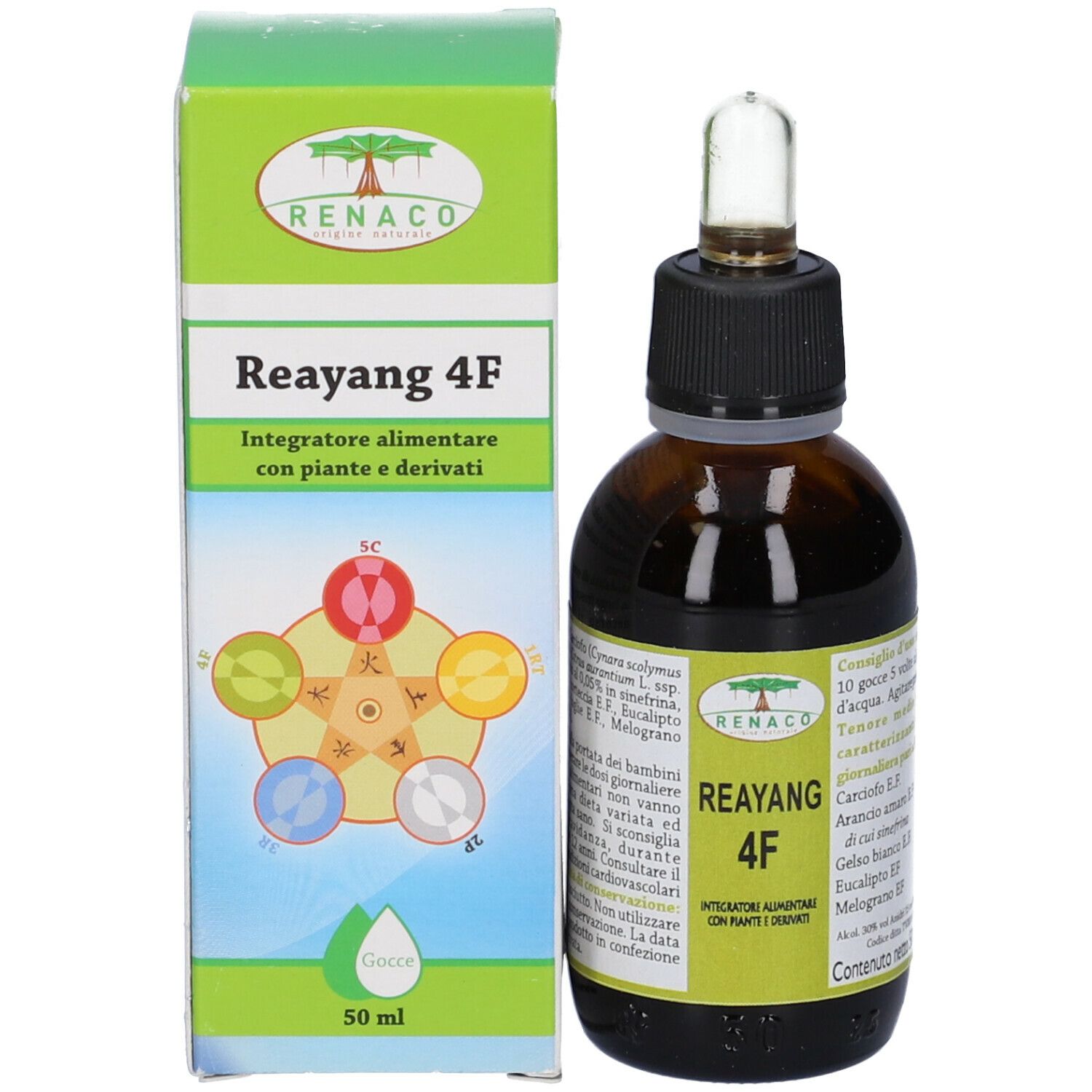 Flacone di vetro marrone con contagocce e scatola. Scritta: Reayang 4F, Integratore alimentare. 50 ml.