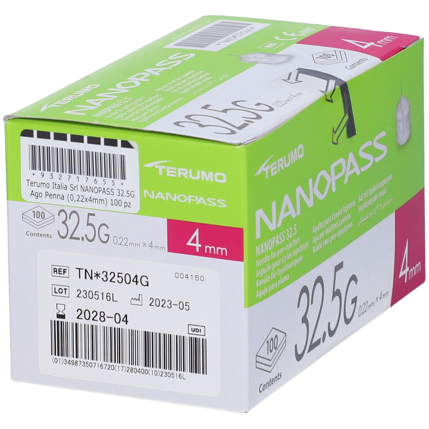 Ago Per Penna Da Insulina Nanopass 32,5 Gauge Lunghezza 4 Mm 100 Pezzi