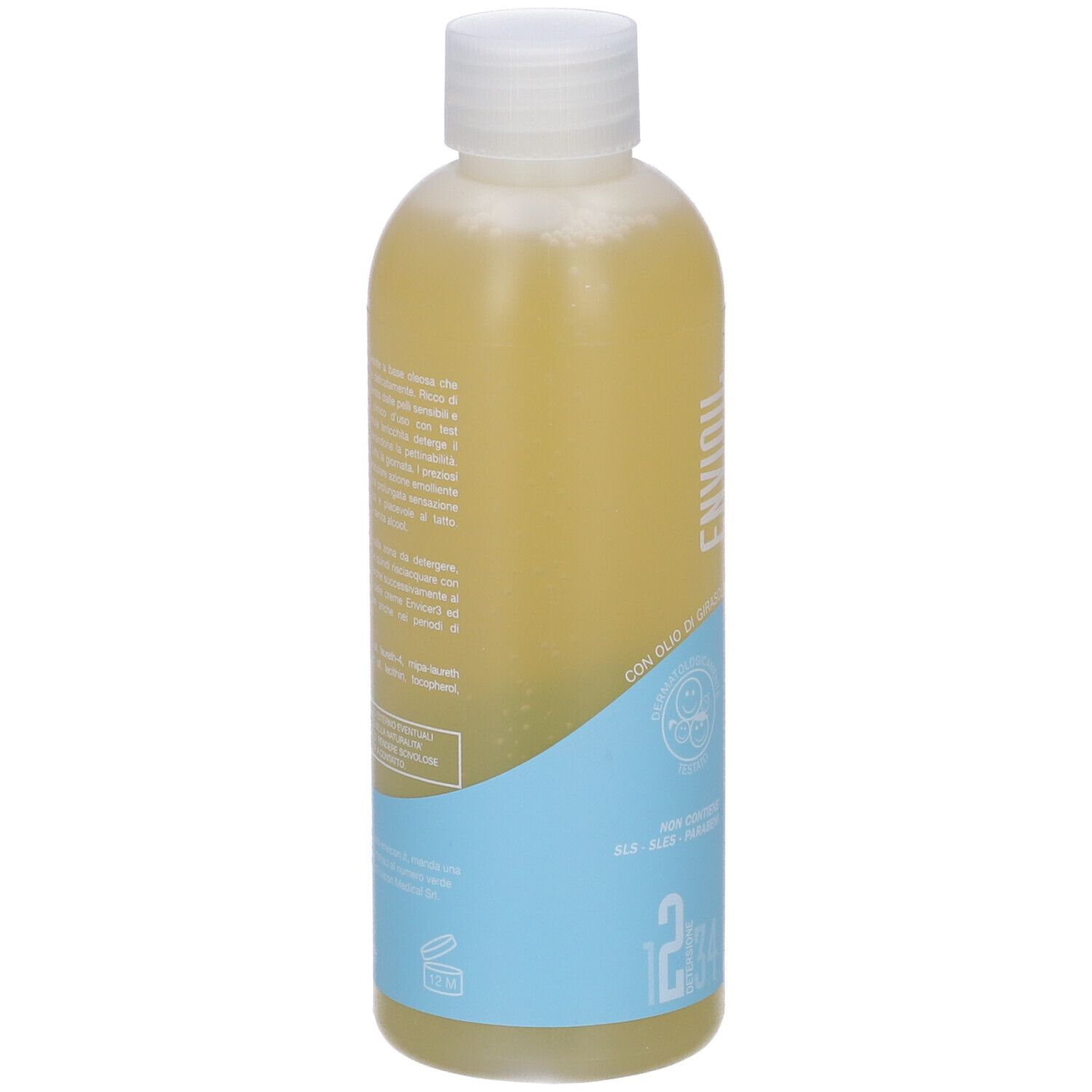 Flacone con liquido giallognolo. Etichette blu e bianche con testo. Scritta: Envioil.