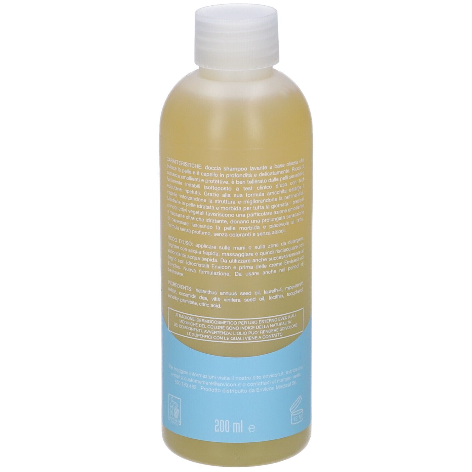 Flacone con liquido giallognolo. Etichette blu e bianche con testo. Scritta: Envioil, 200 ml.