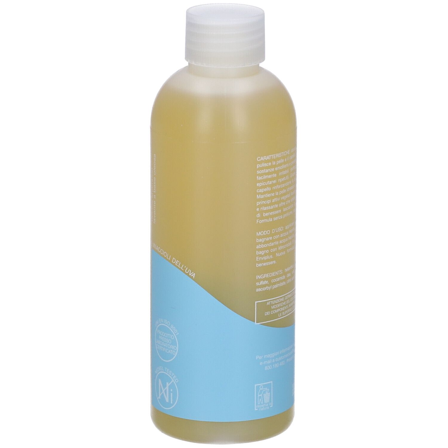 Flacone con liquido giallognolo. Etichette blu e bianche con testo. Scritta: Envioil.