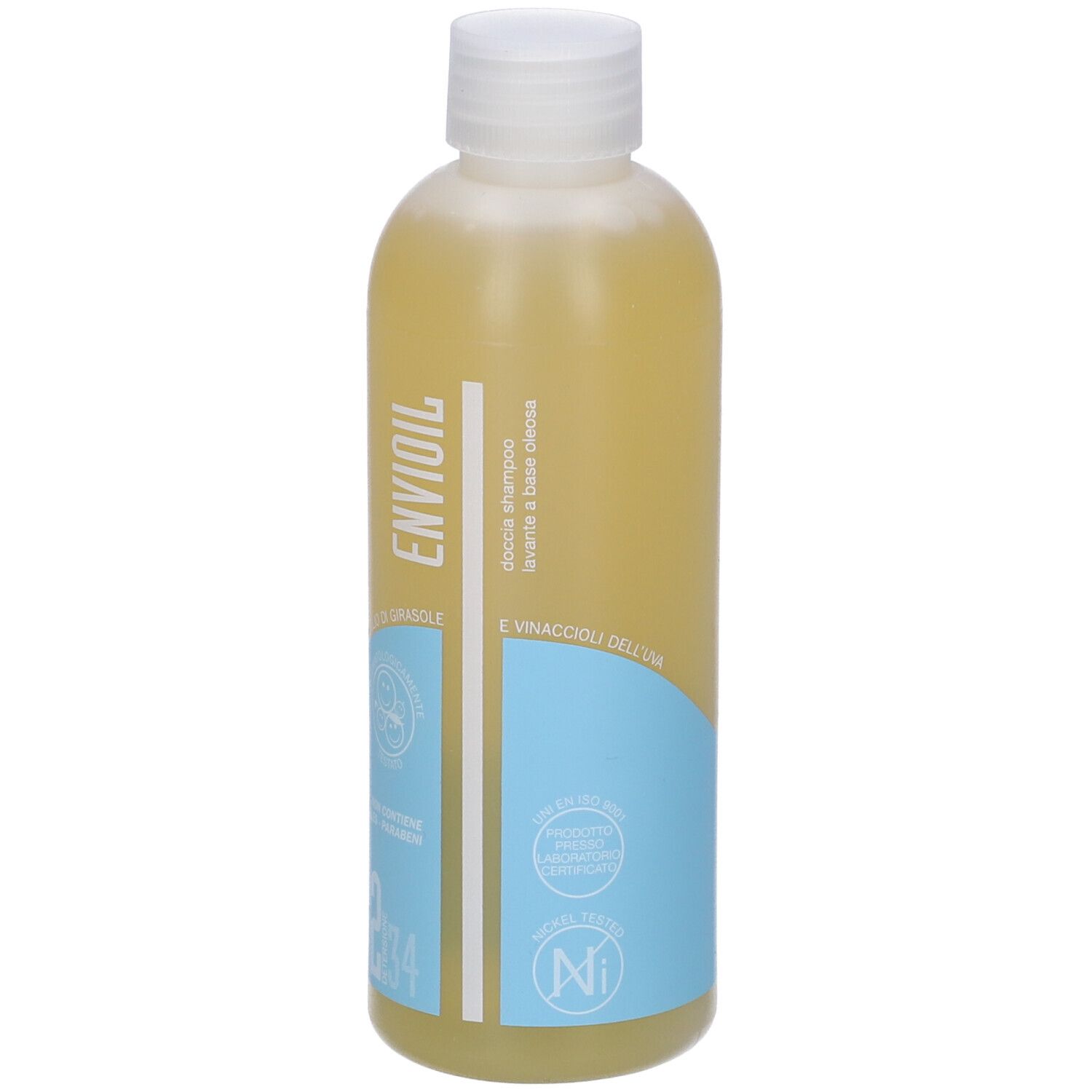 Flacone con liquido giallognolo. Scritta: Envioil, doccia shampoo, lavante a base oleosa.