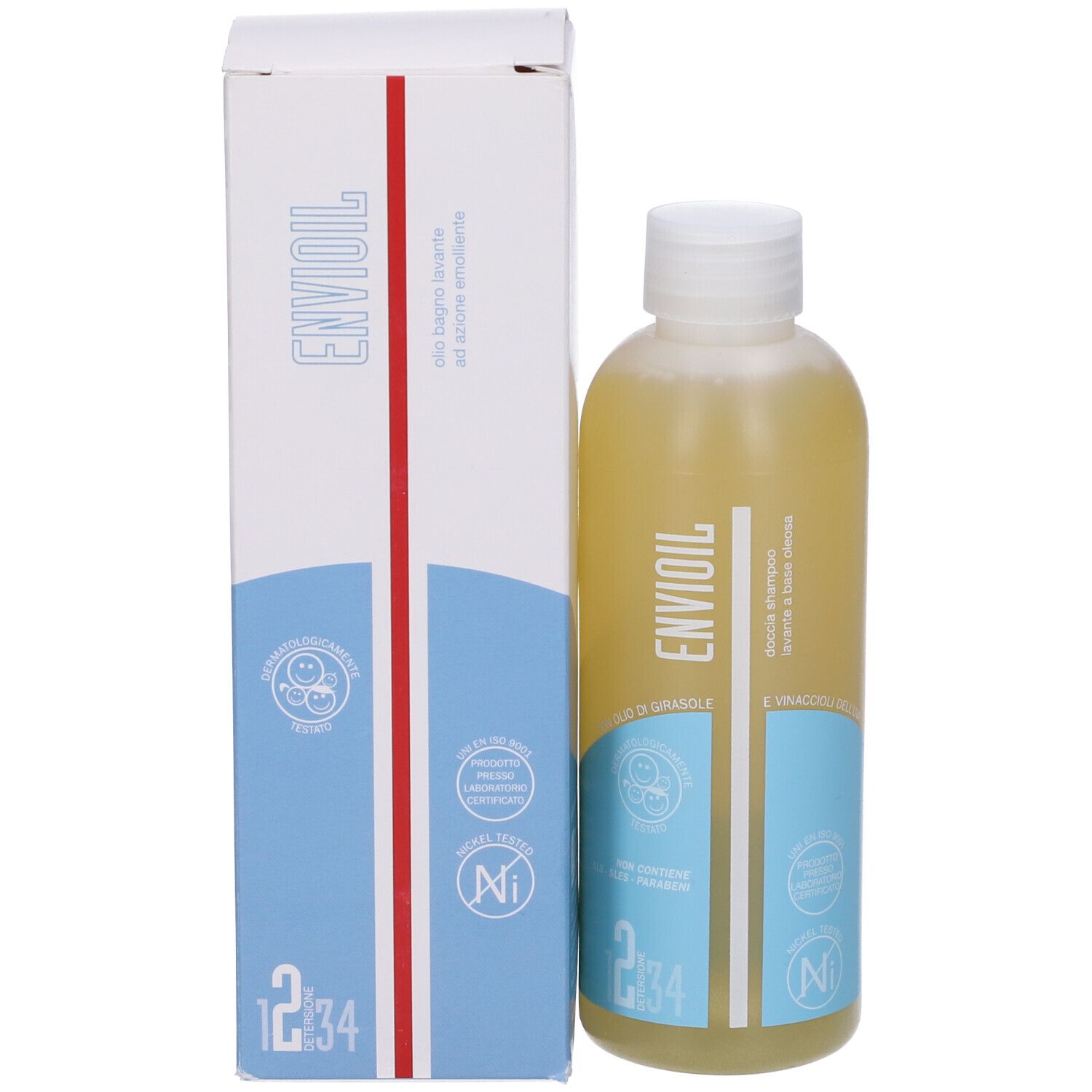 Flacone e scatola. Scritta: Envioil, Olio bagno lavante ad azione emolliente.