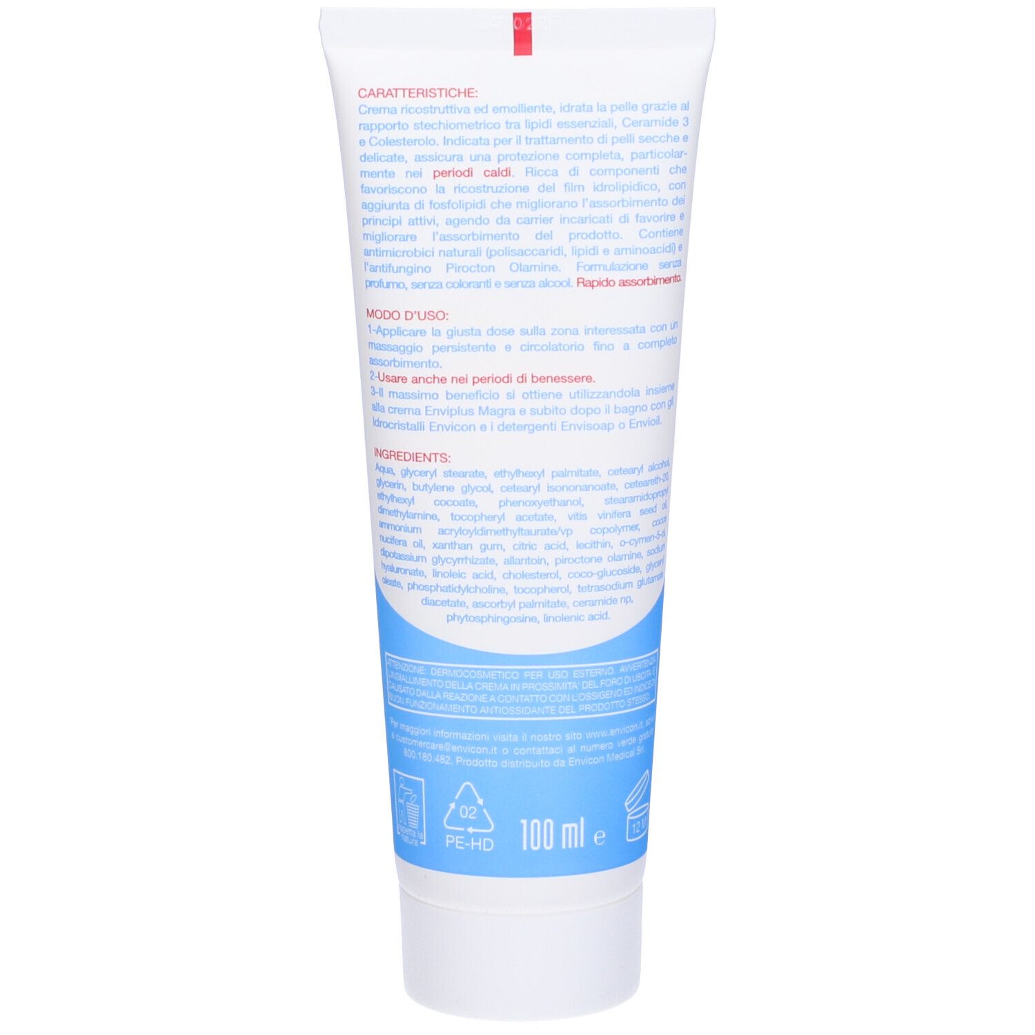 Retro del tubo. Testo, ingredienti, loghi. Elementi blu e rossi. 100 ml.