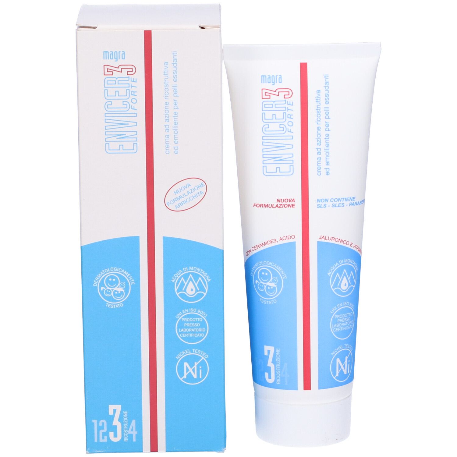 Confezione del prodotto con tubo. Scritta Envicer3 Forte. Elementi blu e rossi. Loghi.