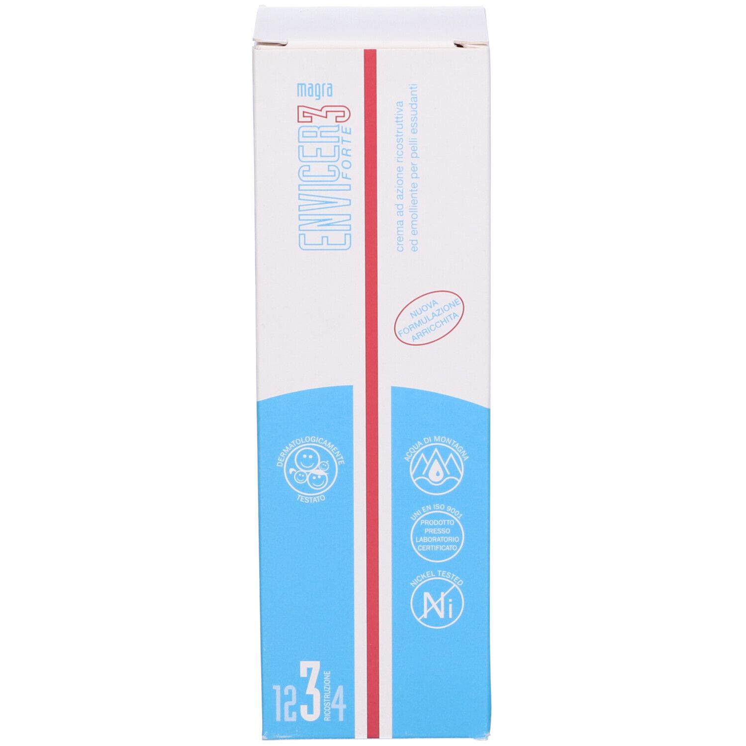 Confezione del prodotto. Scritta Envicer3 Forte. Elementi blu e rossi. Loghi.