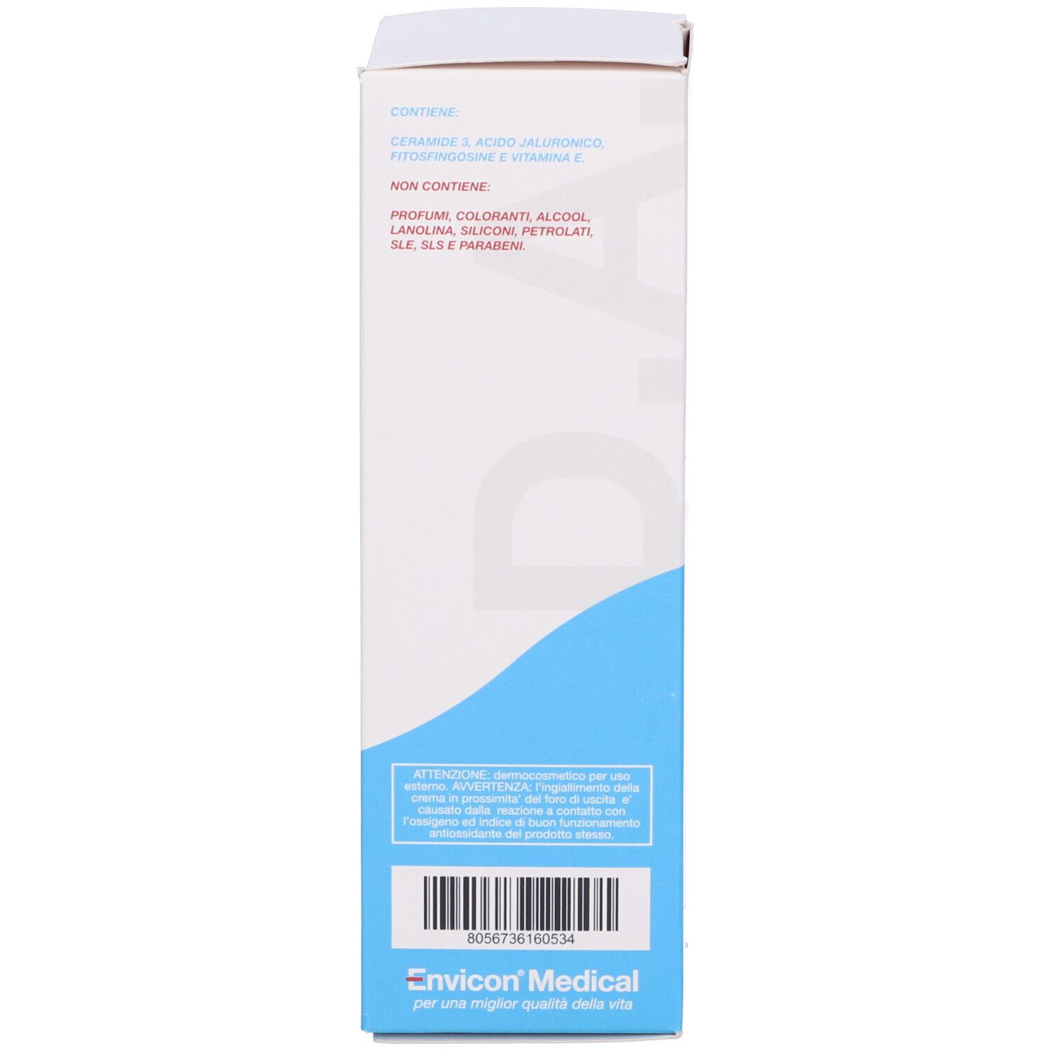 Retro della confezione. Testo, ingredienti, loghi. Elementi blu. Codice a barre.