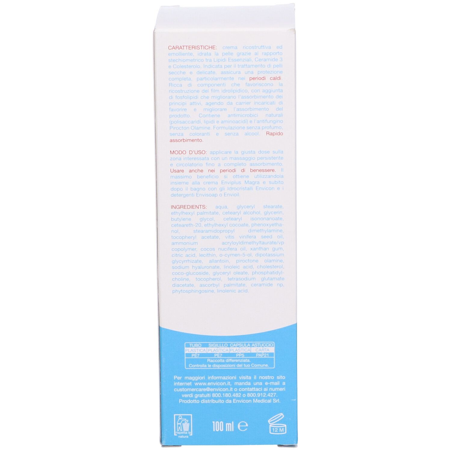 Retro della confezione. Testo, ingredienti, loghi. Elementi blu. 100 ml.