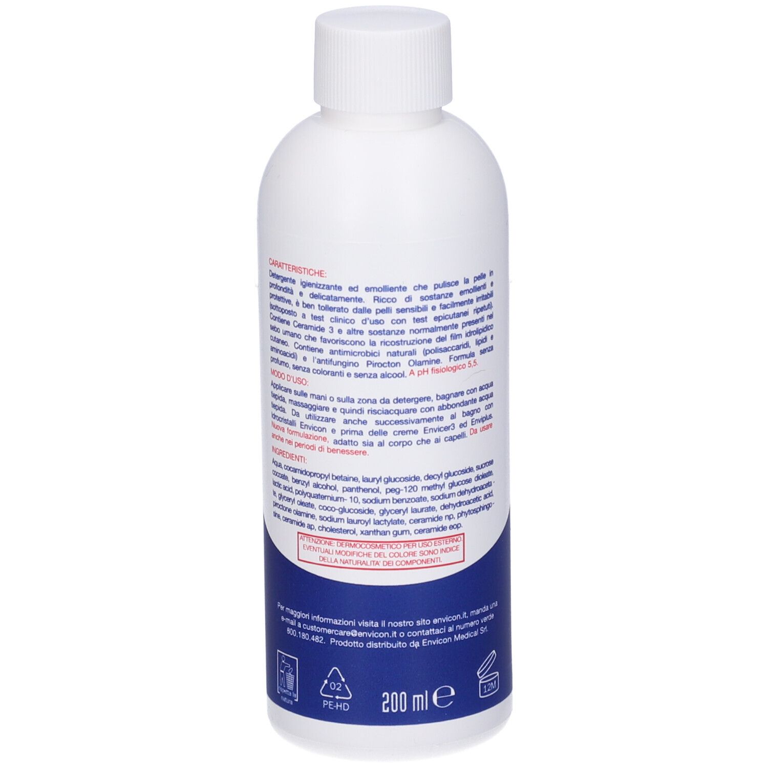 Retro di un flacone bianco con etichetta blu. Testo in italiano. Ingredienti e pH 5,5.