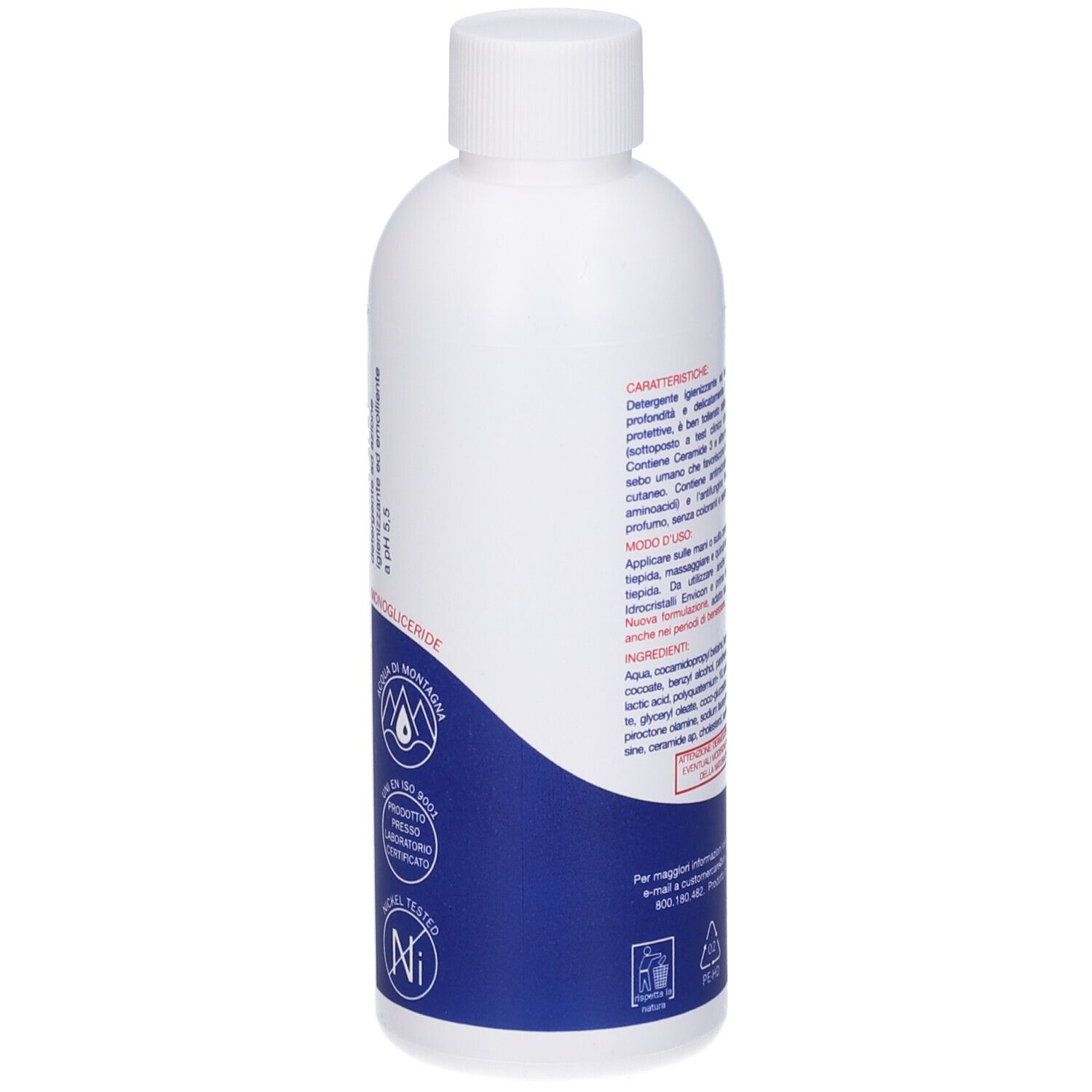 Retro di un flacone bianco con etichetta blu. Testo in italiano. Testato al nichel. pH 5,5.