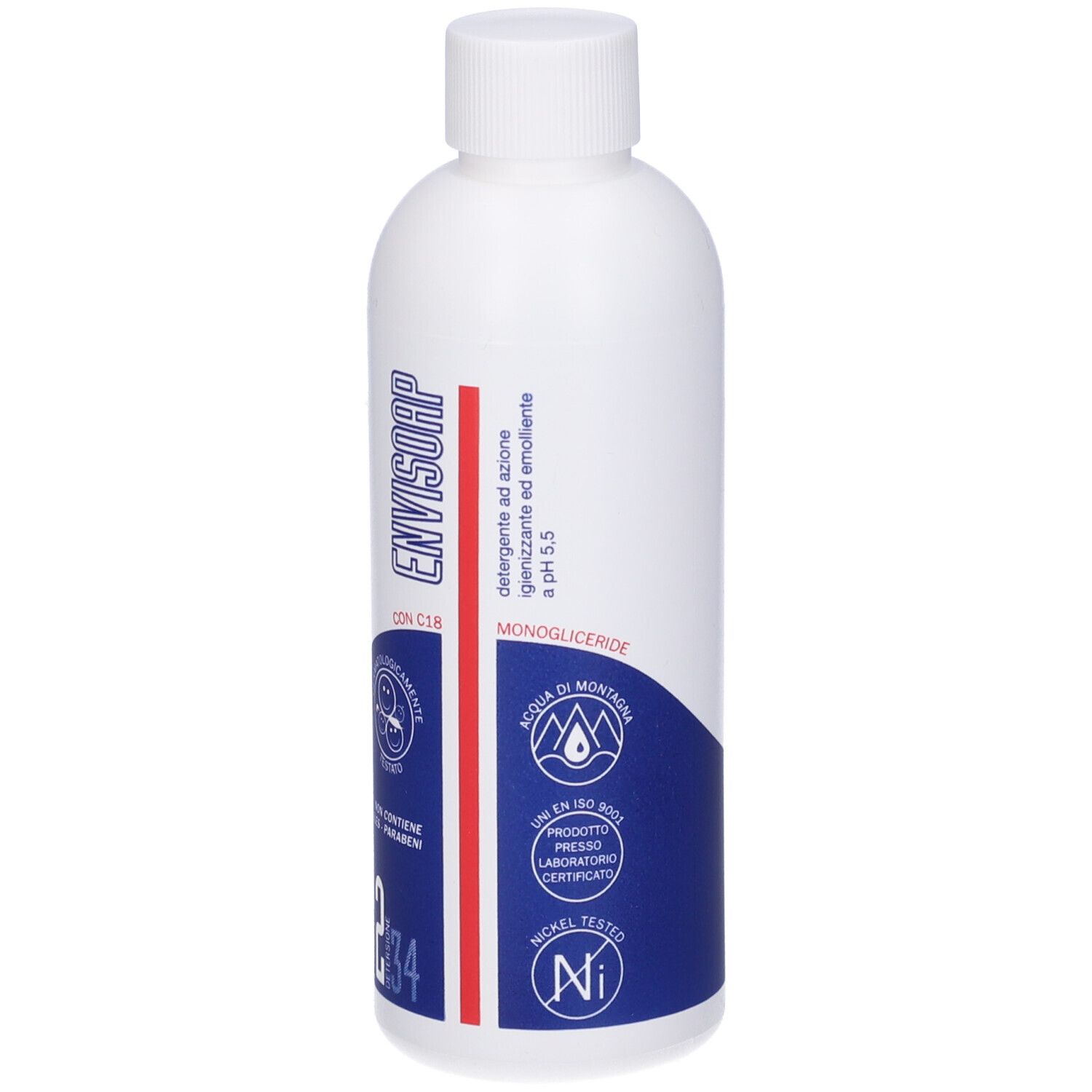Flacone bianco con etichetta blu. Scritta: Envisoap, pH 5,5. Dermatologicamente testato. Testato al nichel.