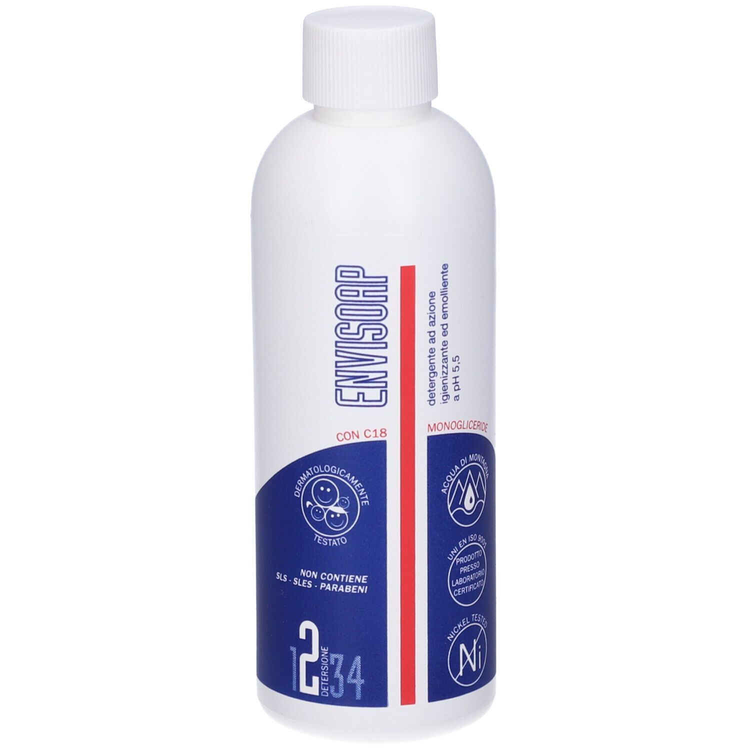 Flacone bianco con etichetta blu. Scritta: Envisoap, pH 5,5. Dermatologicamente testato. Testato al nichel.