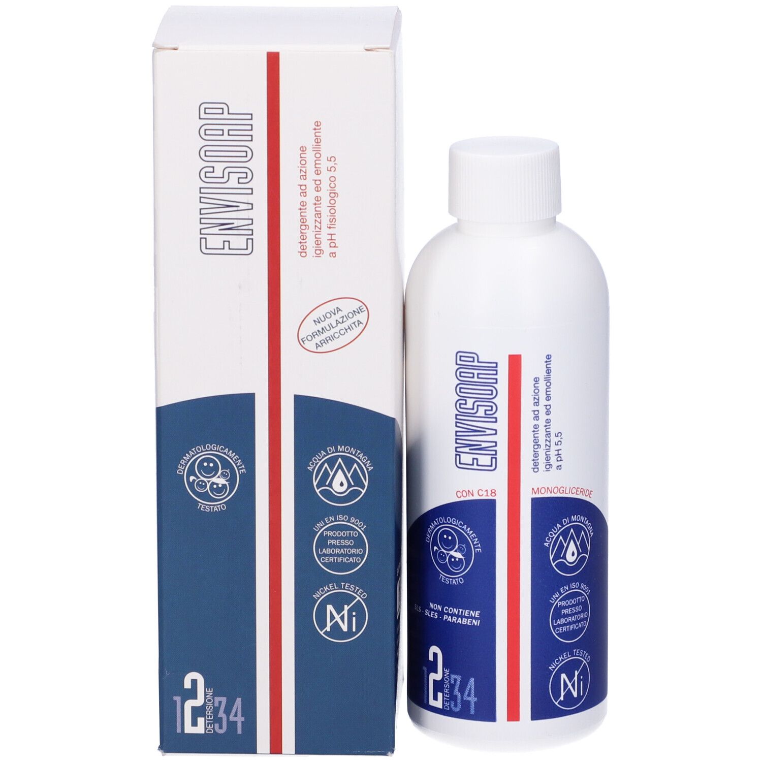 Flacone bianco e scatola. Scritta: Envisoap, pH 5,5. Dermatologicamente testato. Testato al nichel.