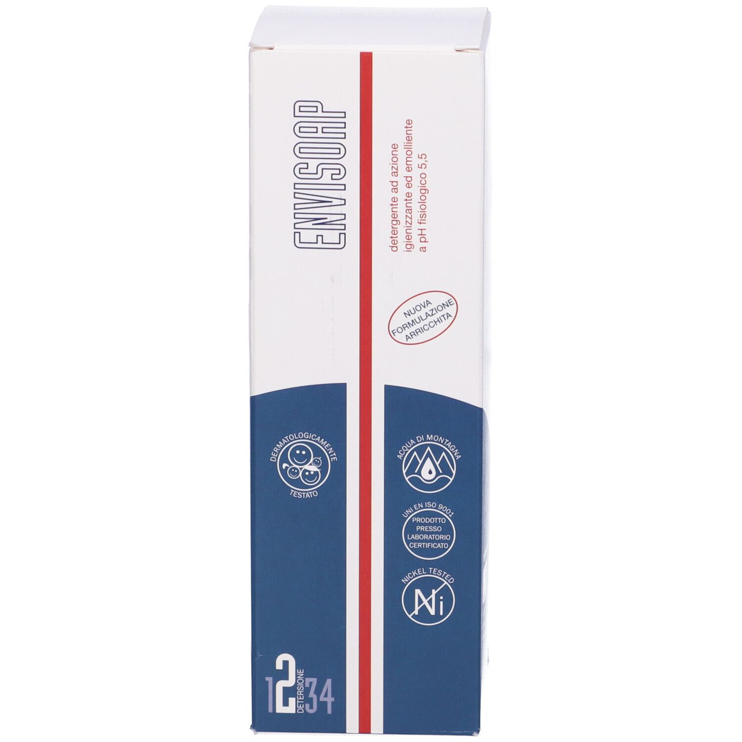 Scatola con scritta: Envisoap, pH 5,5. Dermatologicamente testato. Testato al nichel.