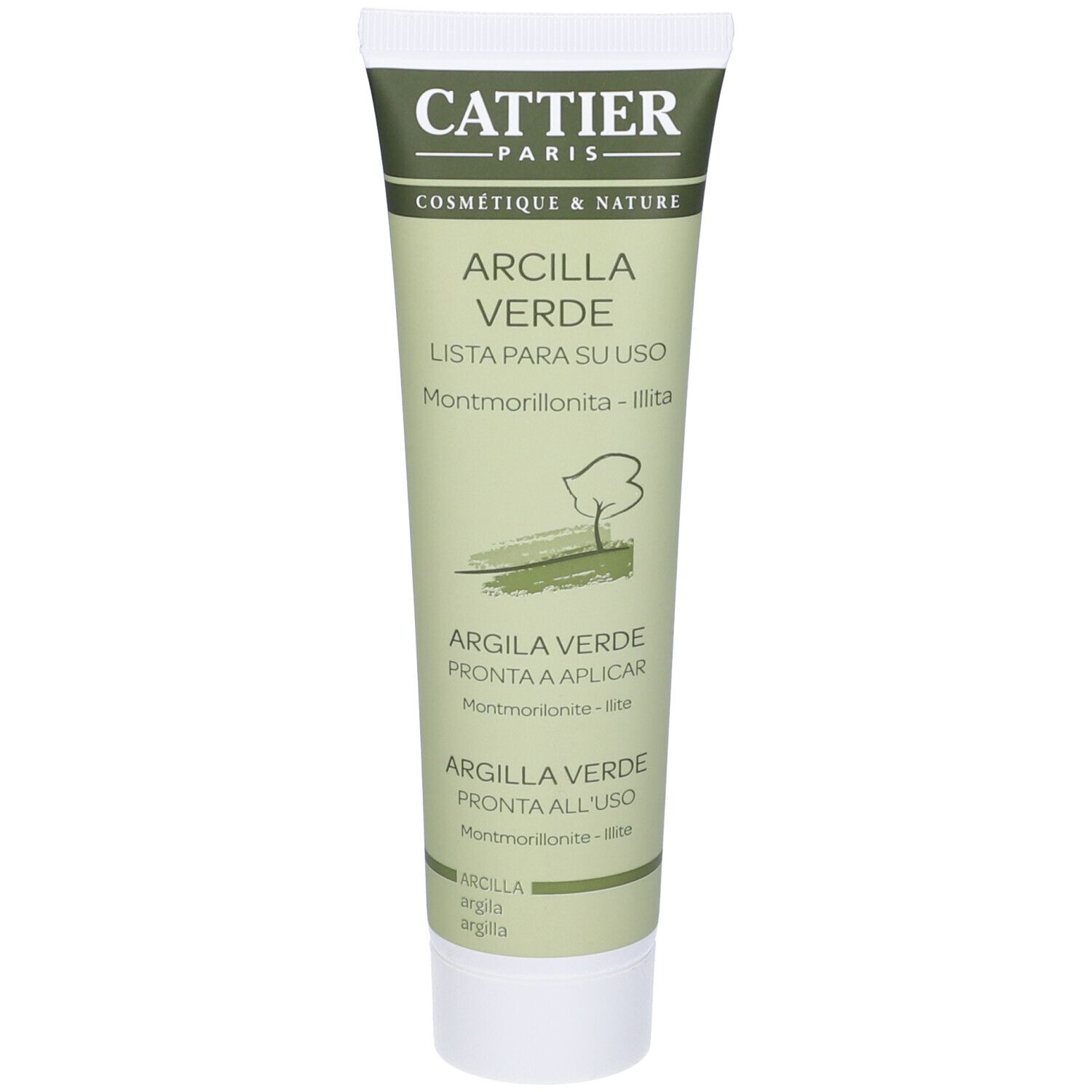 Tubo verde con nome del prodotto e logo del marchio. Testo in spagnolo, francese e italiano. Tappo bianco.