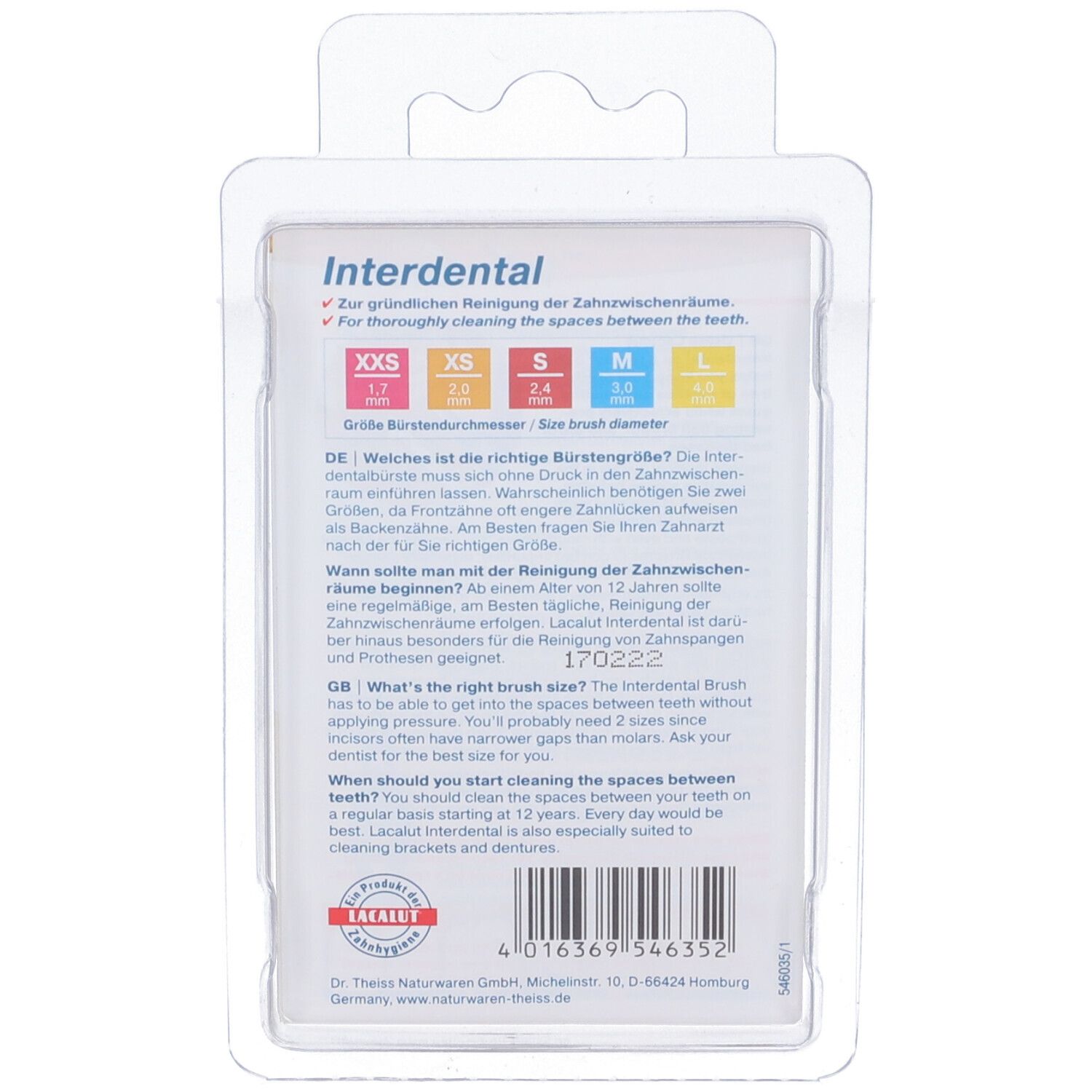 Retro della confezione LACALUT Interdental. Panoramica delle taglie. Testo in tedesco e inglese. Codice a barre.