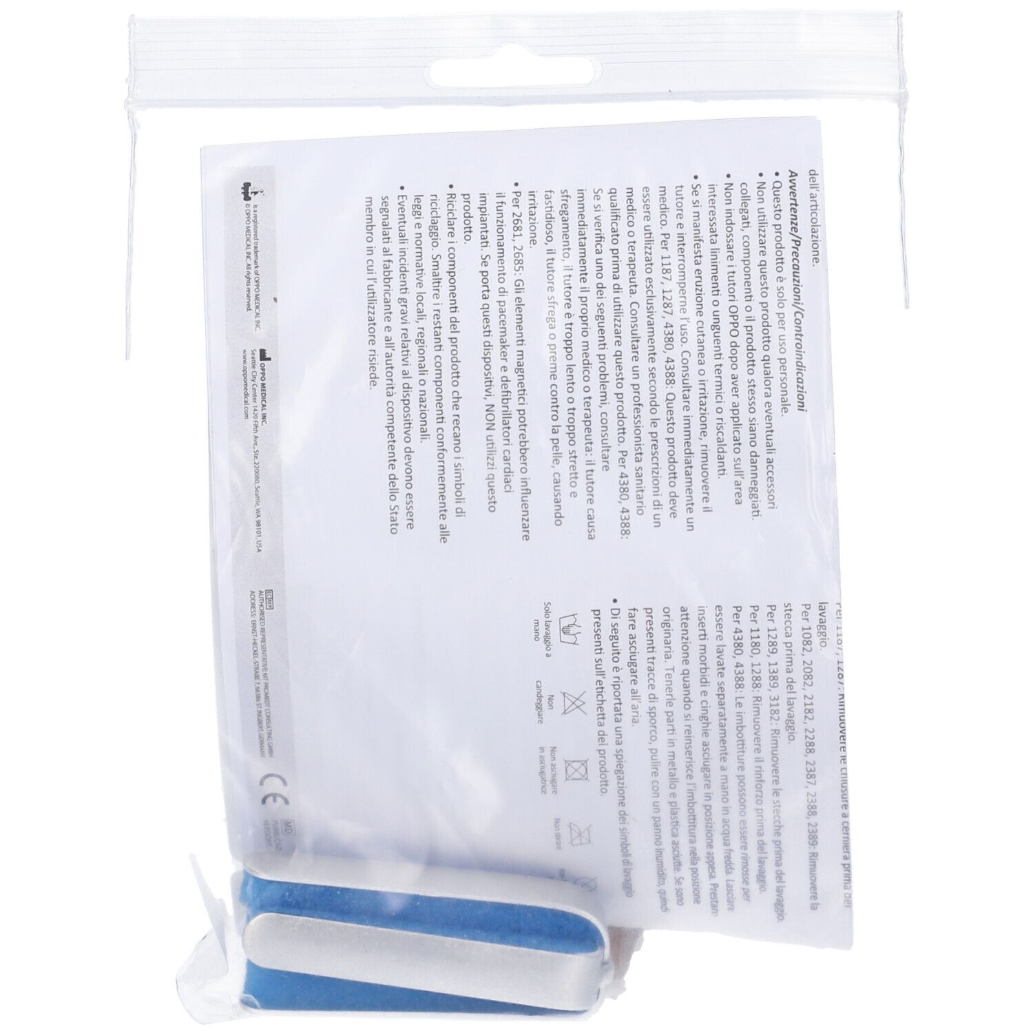 Oppo Stecca Ditale Aperto 4283 M. Ortesi per dito blu e bianca in confezione. Materiali: alluminio, schiuma. Dettaglio.