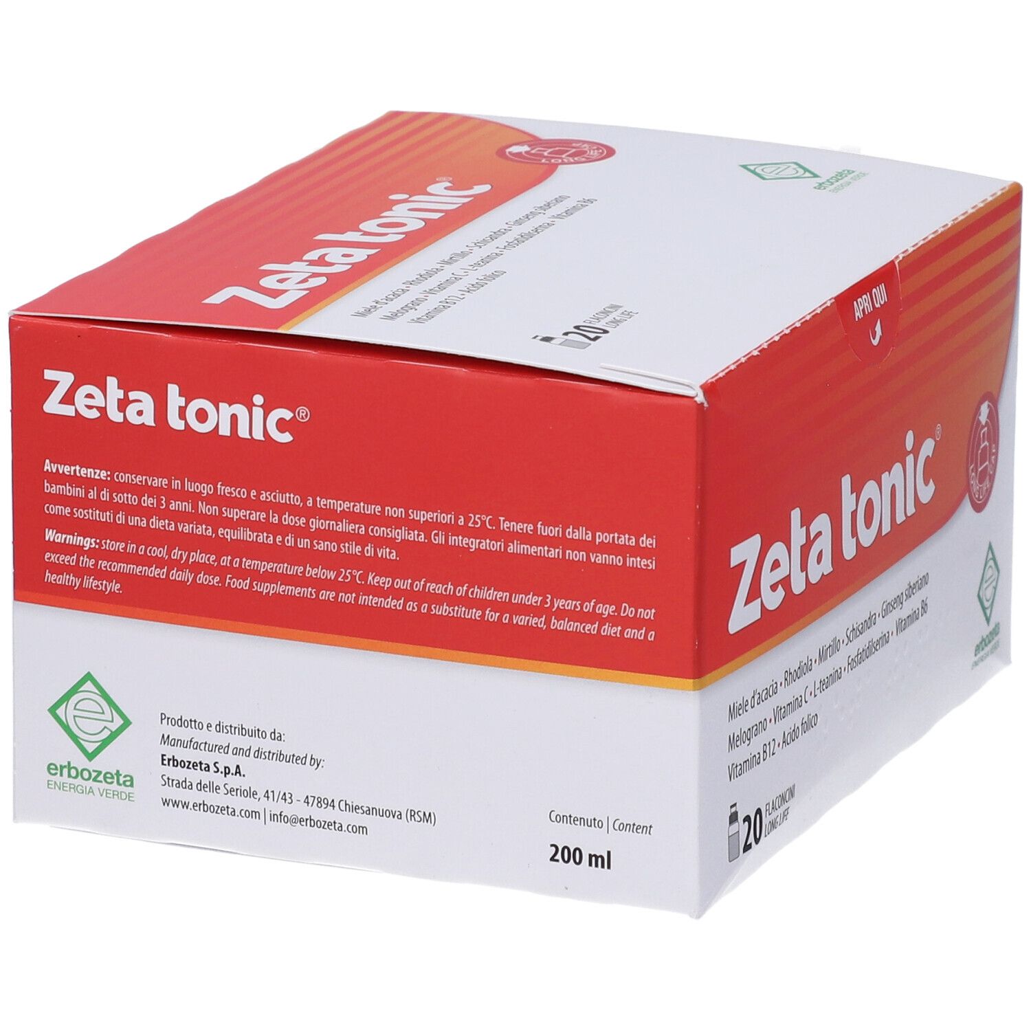 Confezione Zeta tonic. Scatola rossa e bianca con informazioni sul prodotto e logo. 200 ml.