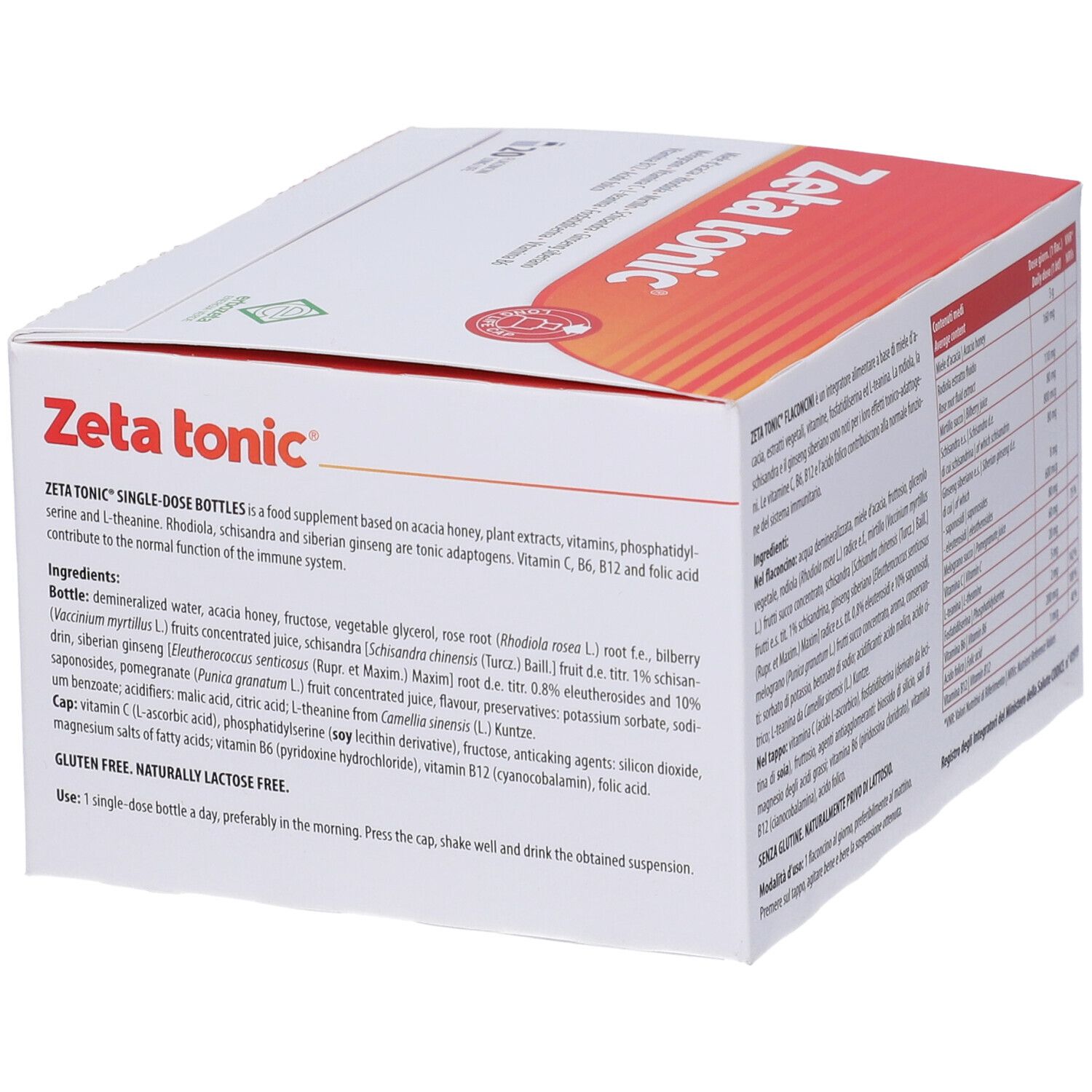 Confezione Zeta tonic. Contiene informazioni sul prodotto e ingredienti. Senza glutine. Lattosio naturale.