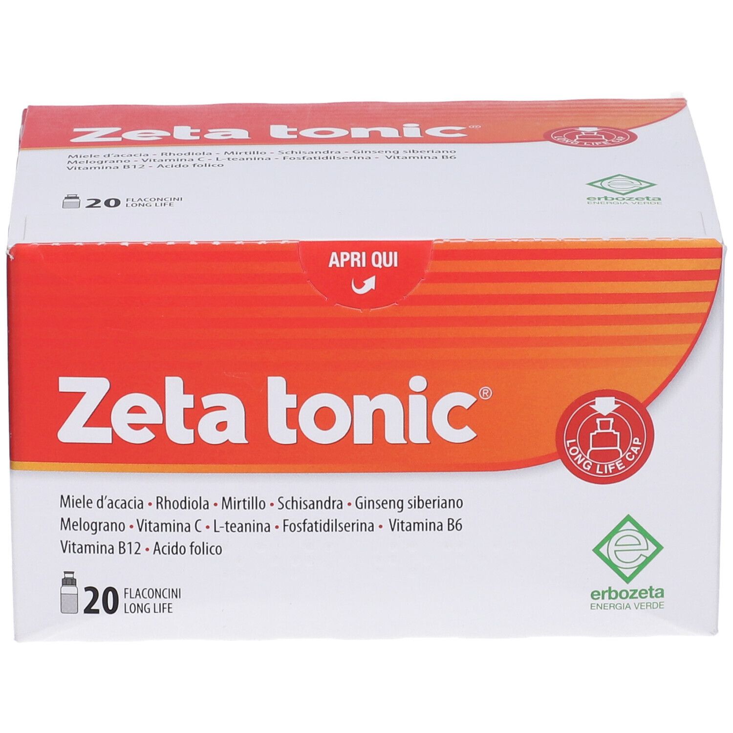 Confezione Zeta tonic. Scatola rossa e bianca con nome del prodotto e ingredienti. 20 flaconcini.