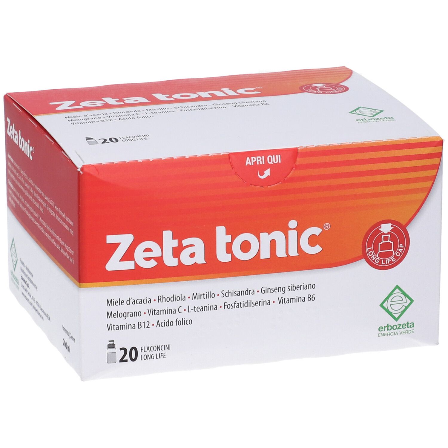 Confezione Zeta tonic. Scatola rossa e bianca con nome del prodotto e ingredienti. 20 flaconcini.