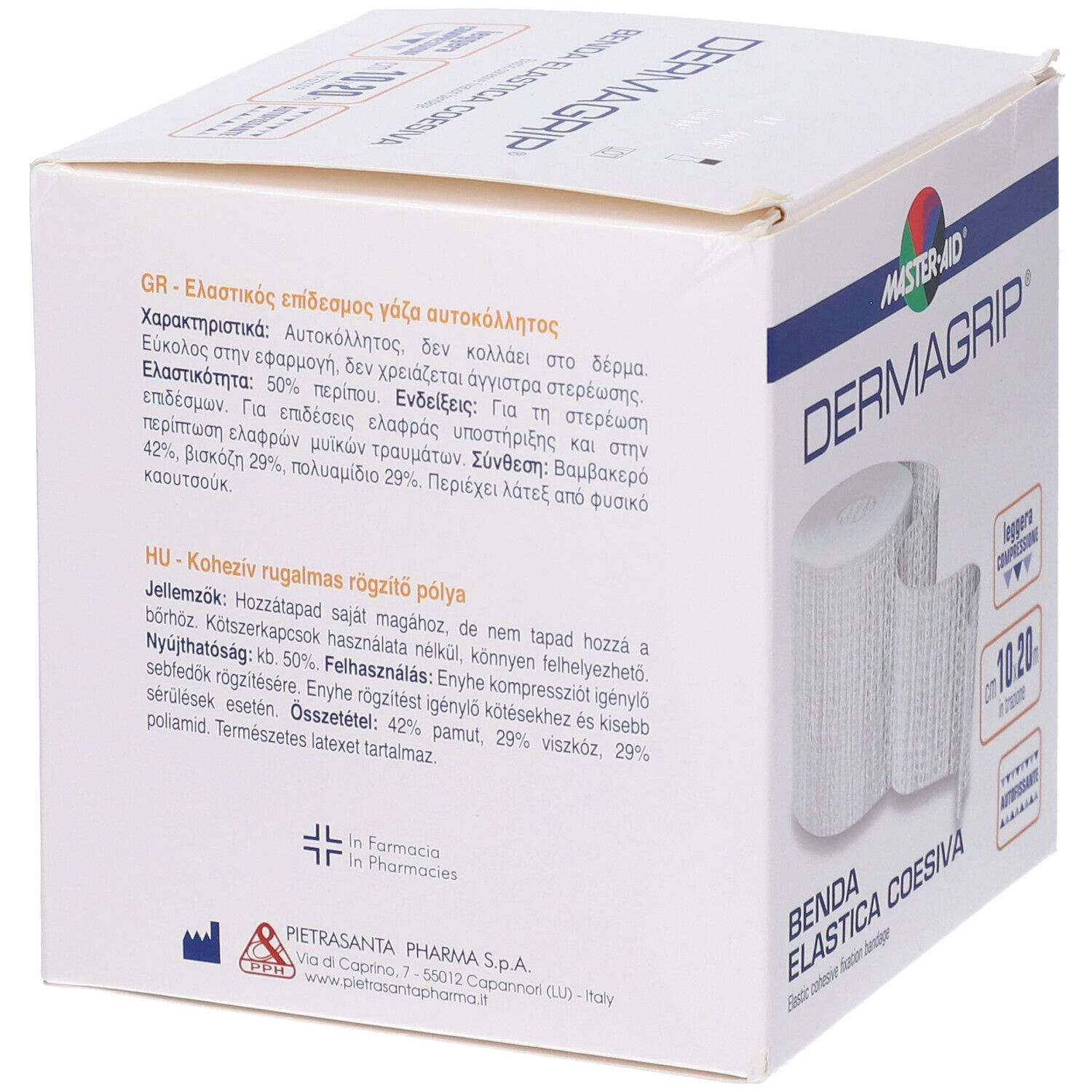 Retro della confezione Master-Aid Dermagrip. Testo multilingue. Benda parzialmente visibile.