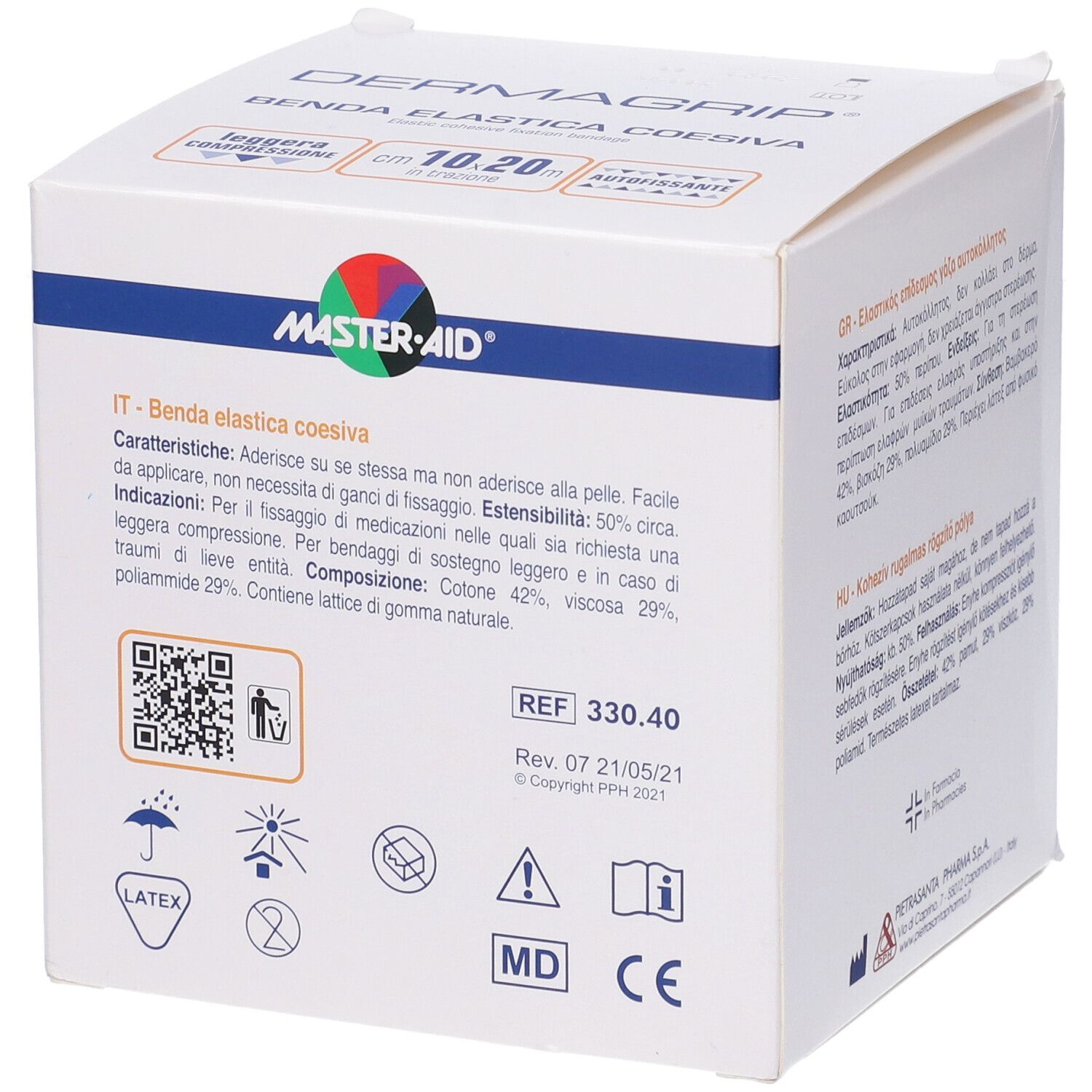 Confezione Master-Aid Dermagrip. Testo multilingue, codice QR, simbolo lattice, marchio CE.