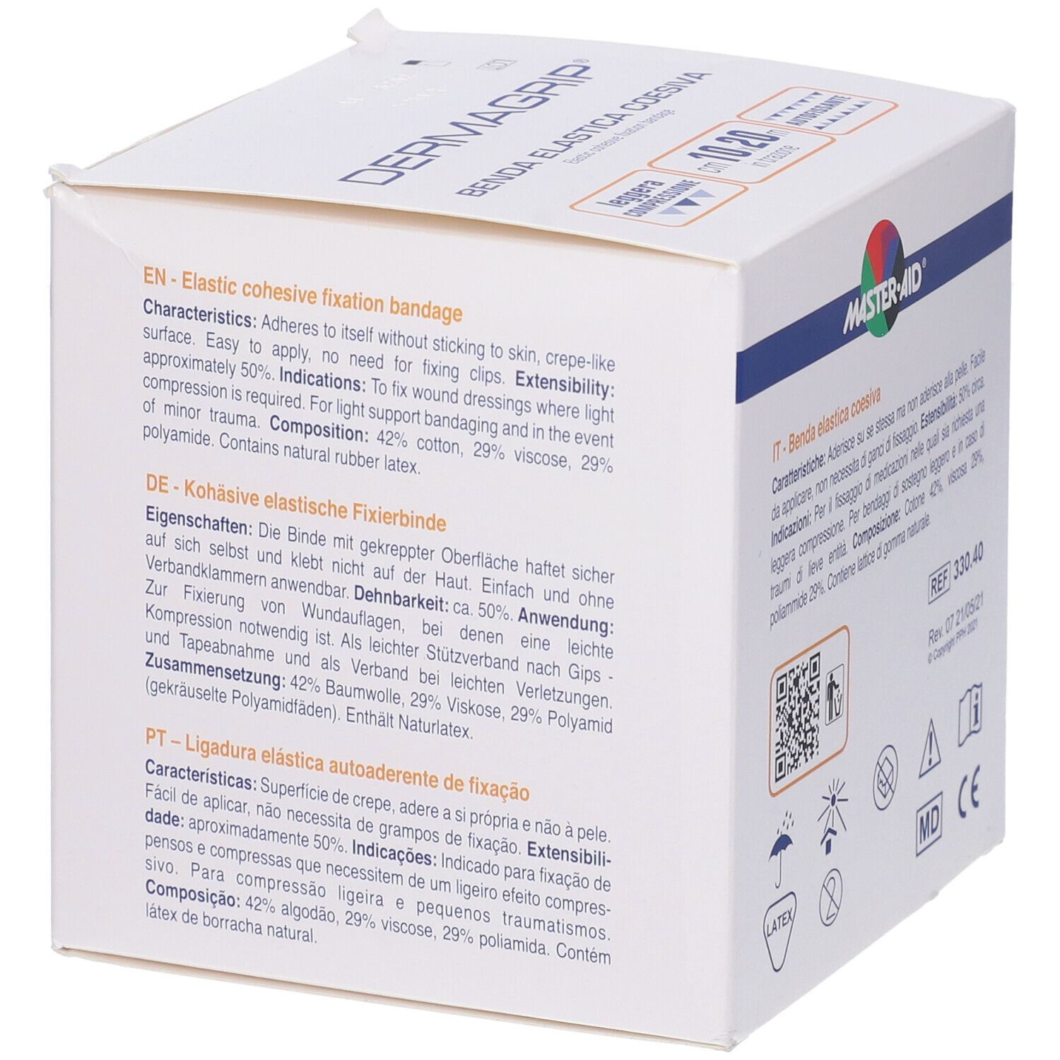 Confezione Master-Aid Dermagrip. Testo multilingue, codice QR, marchio CE.