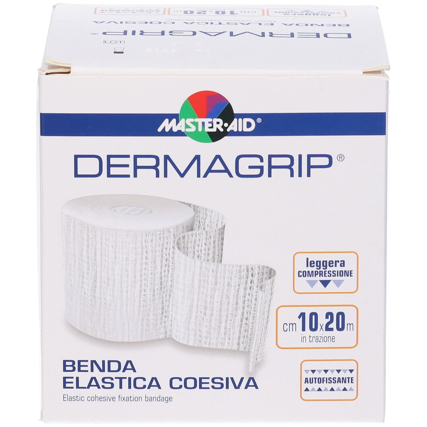 Confezione Master-Aid Dermagrip. Benda elastica bianca, 10cm x 20m. Logo e testo.
